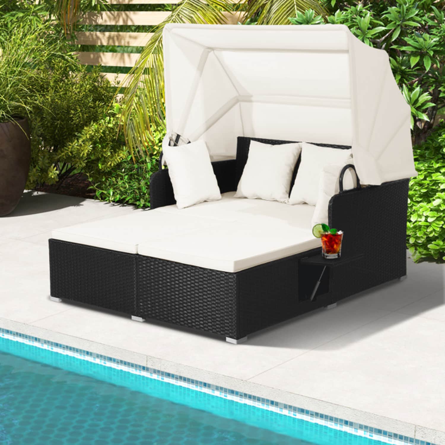 Mondawe 528WN2-HY Rattan Outdoor Daybed with White Cushions and Wicker Frame