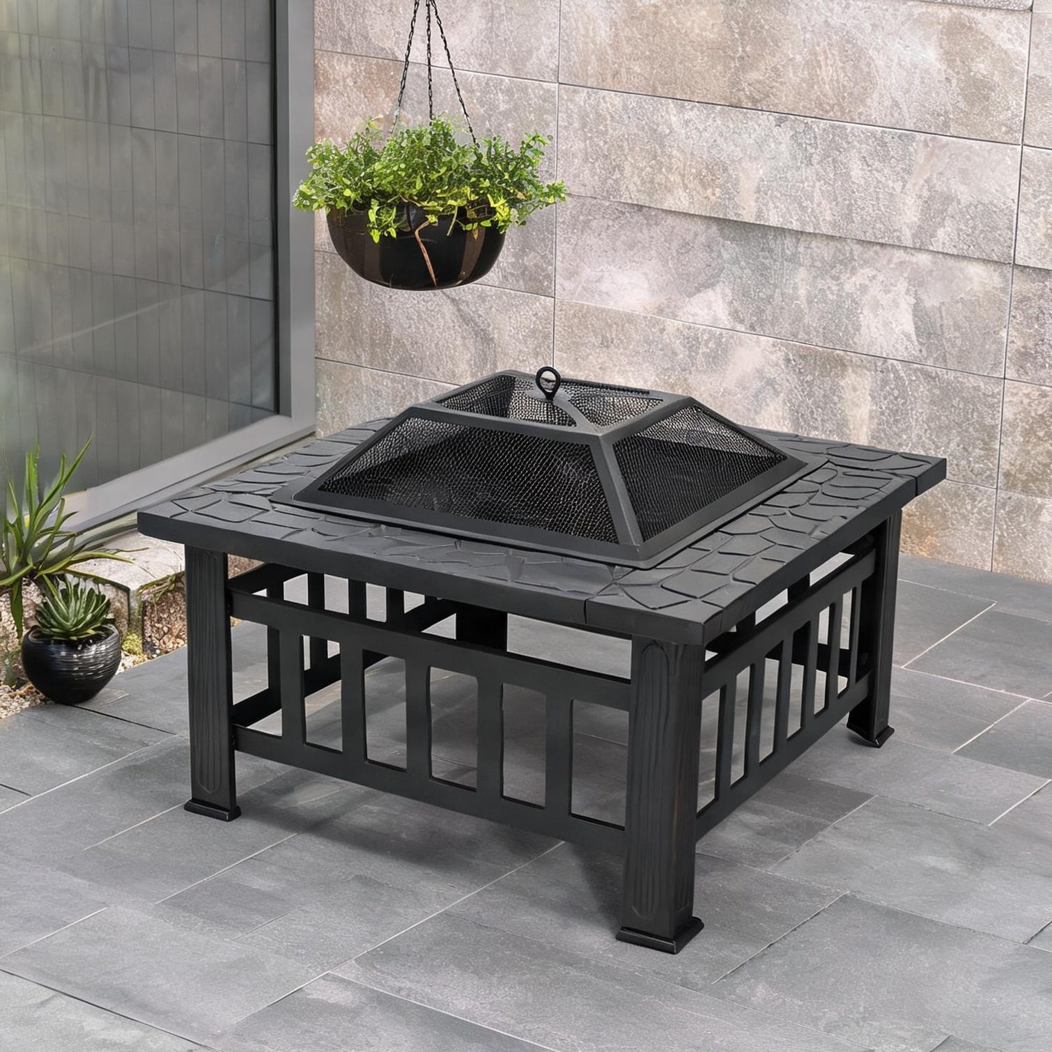 sunjurt - Square Metal Fire Pit for Outdoor Patio and Garden 32-Inch Portable Brazier with Mesh C...
