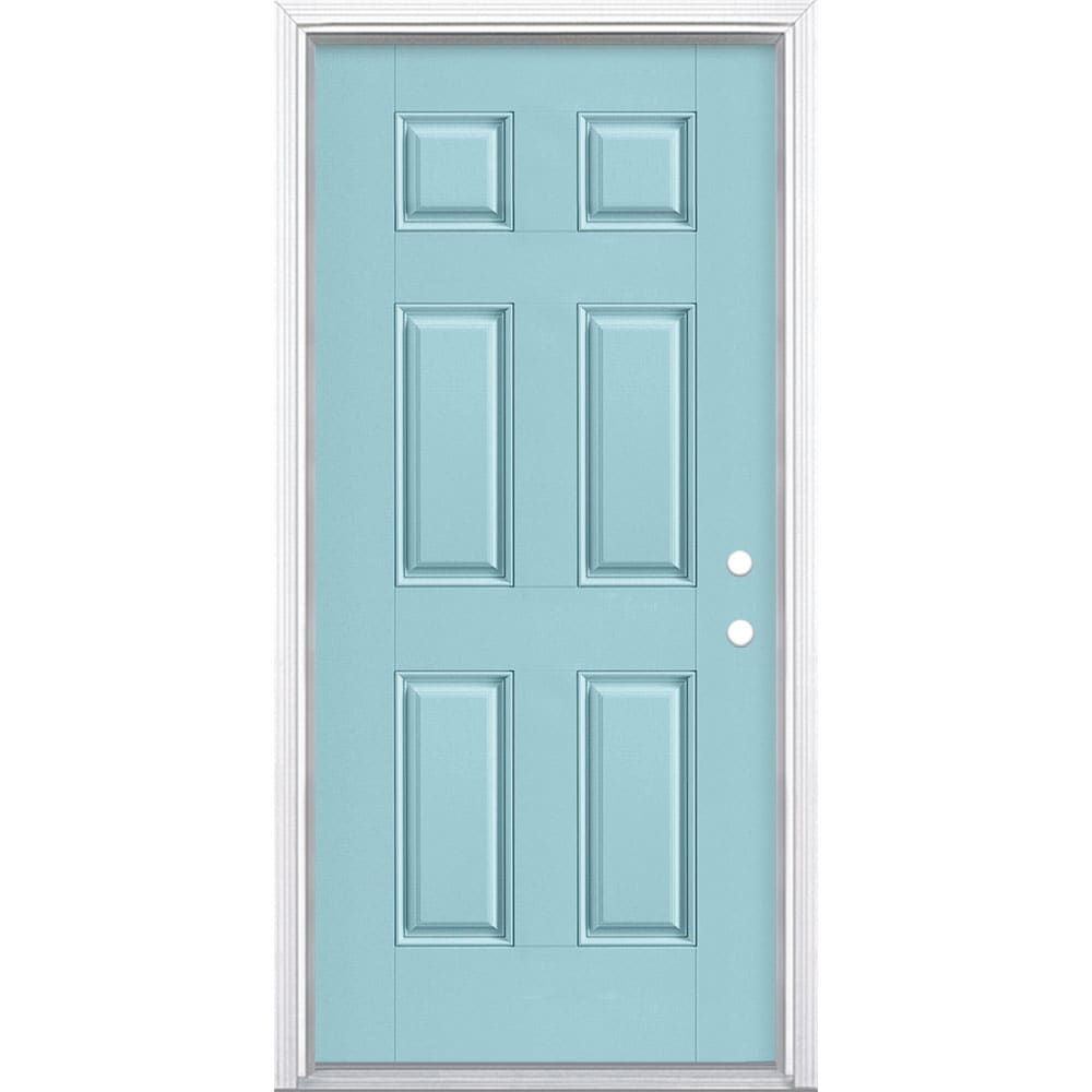 Masonite 1218353 36-in x 80-in x 4-9/16-in Fiberglass No glass Left-hand inswing Caribbean Blue Painted Prehung Front Door with Brickmould Insulating core