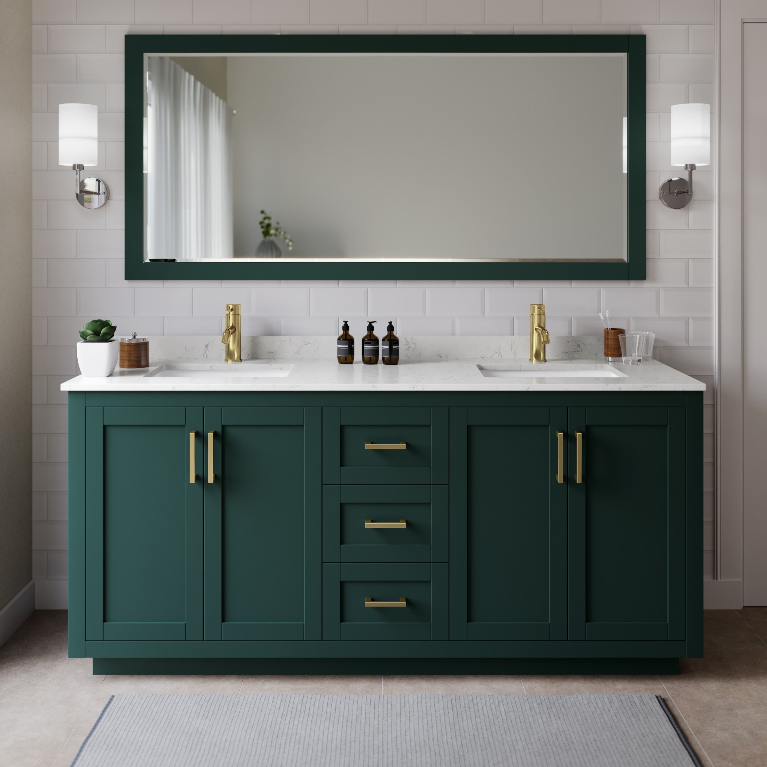 Wyndham Collection WCF292972DGDC2UNSMXX Miranda 72-in Green with Brushed Gold Trim Undermount Double sink Bathroom Vanity with Carrara Cultured Marble Cultured marble Top