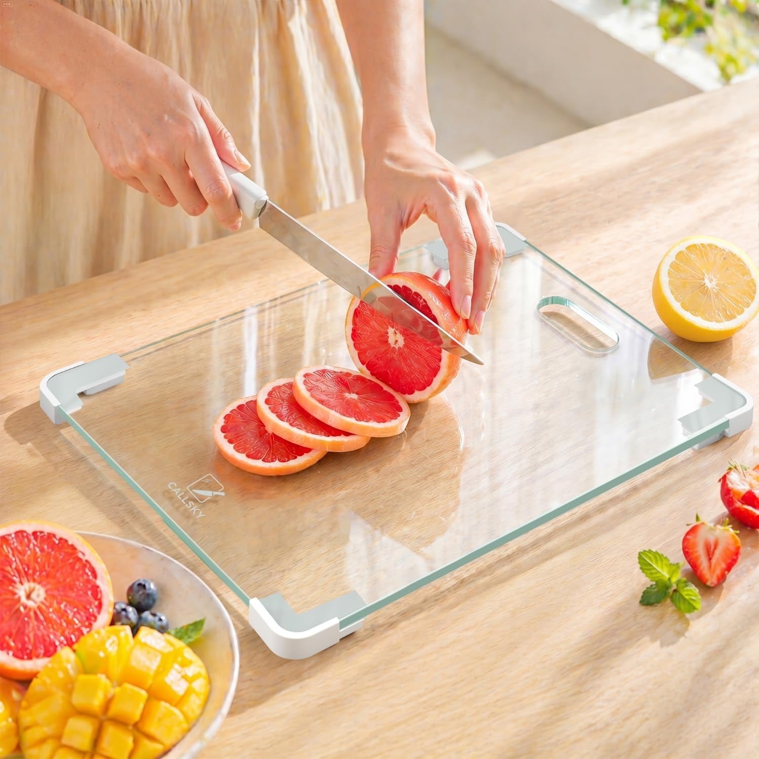 UUDULY  16 by 12 Clear Tempered Glass Cutting Board with Non Slip Feet and Reinforced Corners for Kitchen Use durable home