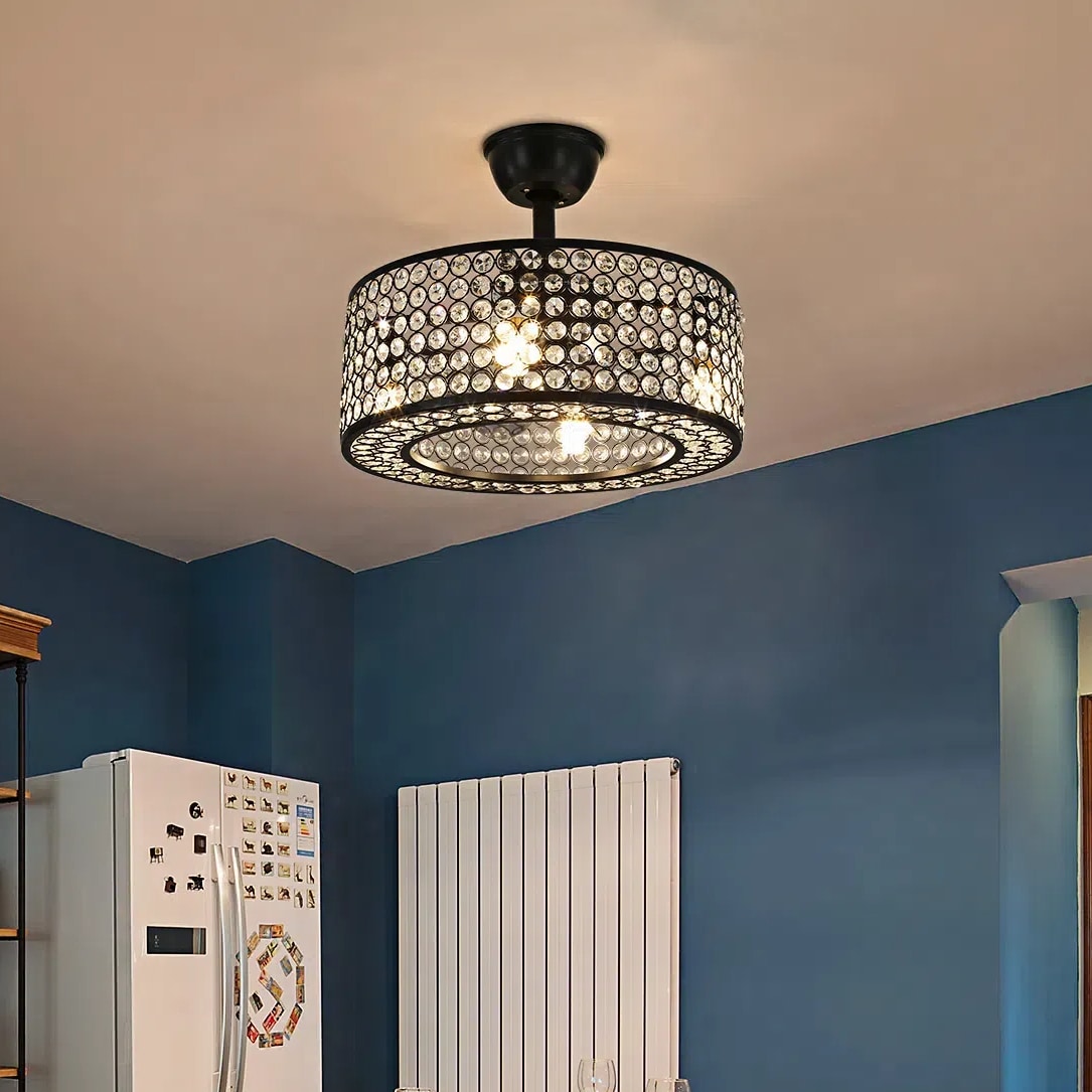 Oukaning HG-HCXLST-6776-US 18-in Industrial Style Black Round Crystal with ABS Blades Fandelier Ceiling Fan Light Kit Compatible - Remote Included ( 7 -Blade )