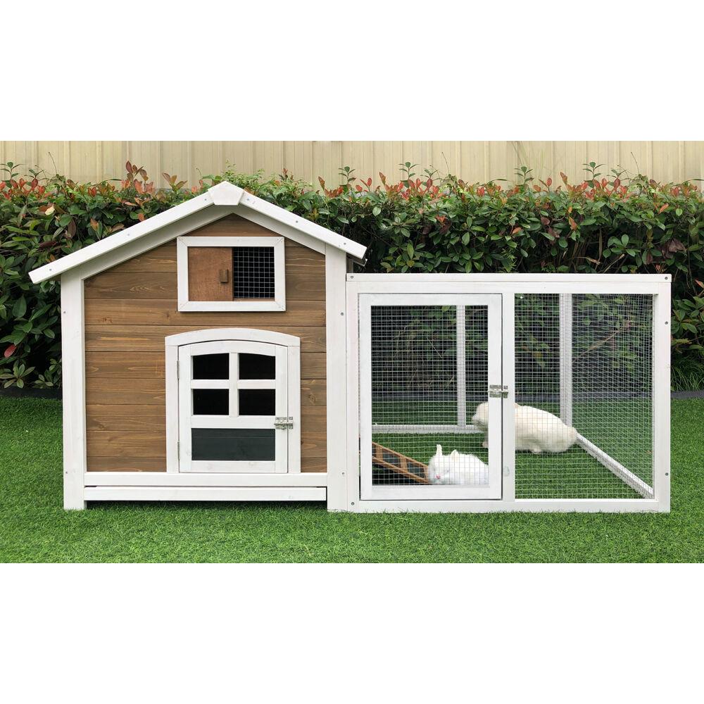 Brown and White Wooden Chicken Coop with Wire Mesh Run
