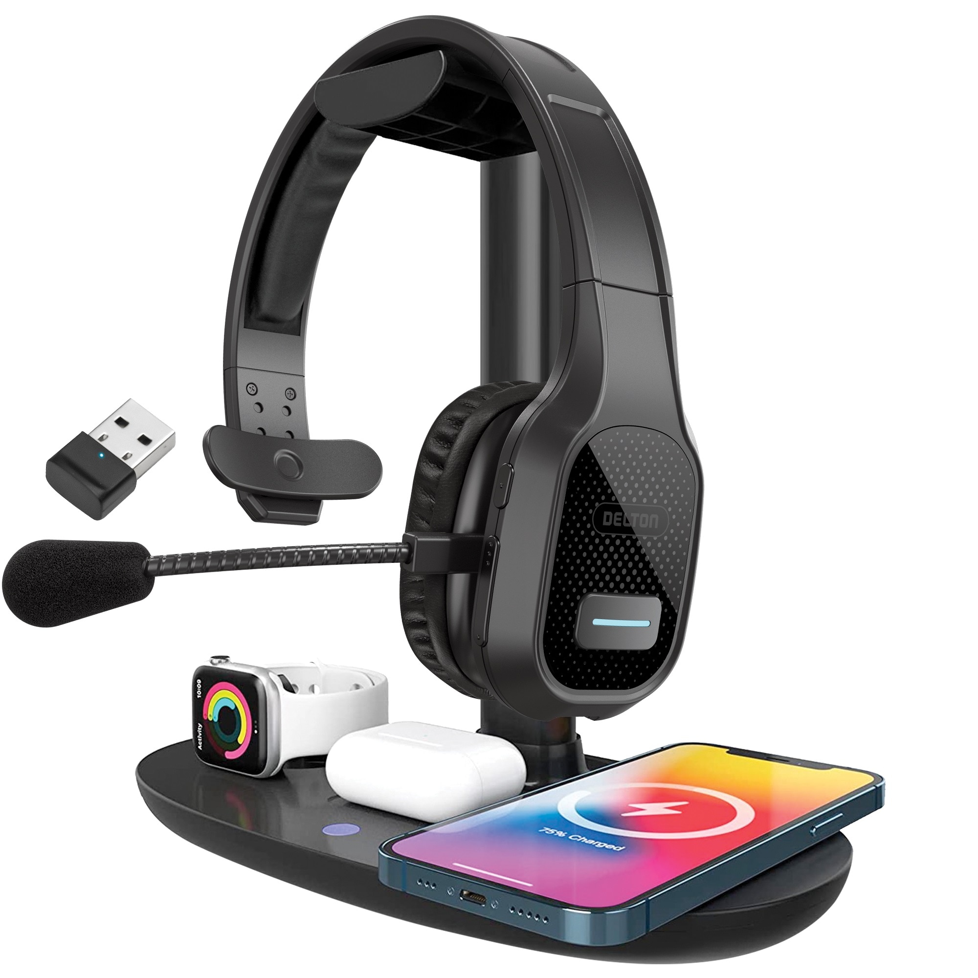 Delton  20X Noise Canceling Bluetooth Mono Headset with HS1 Wireless Charging Station Black