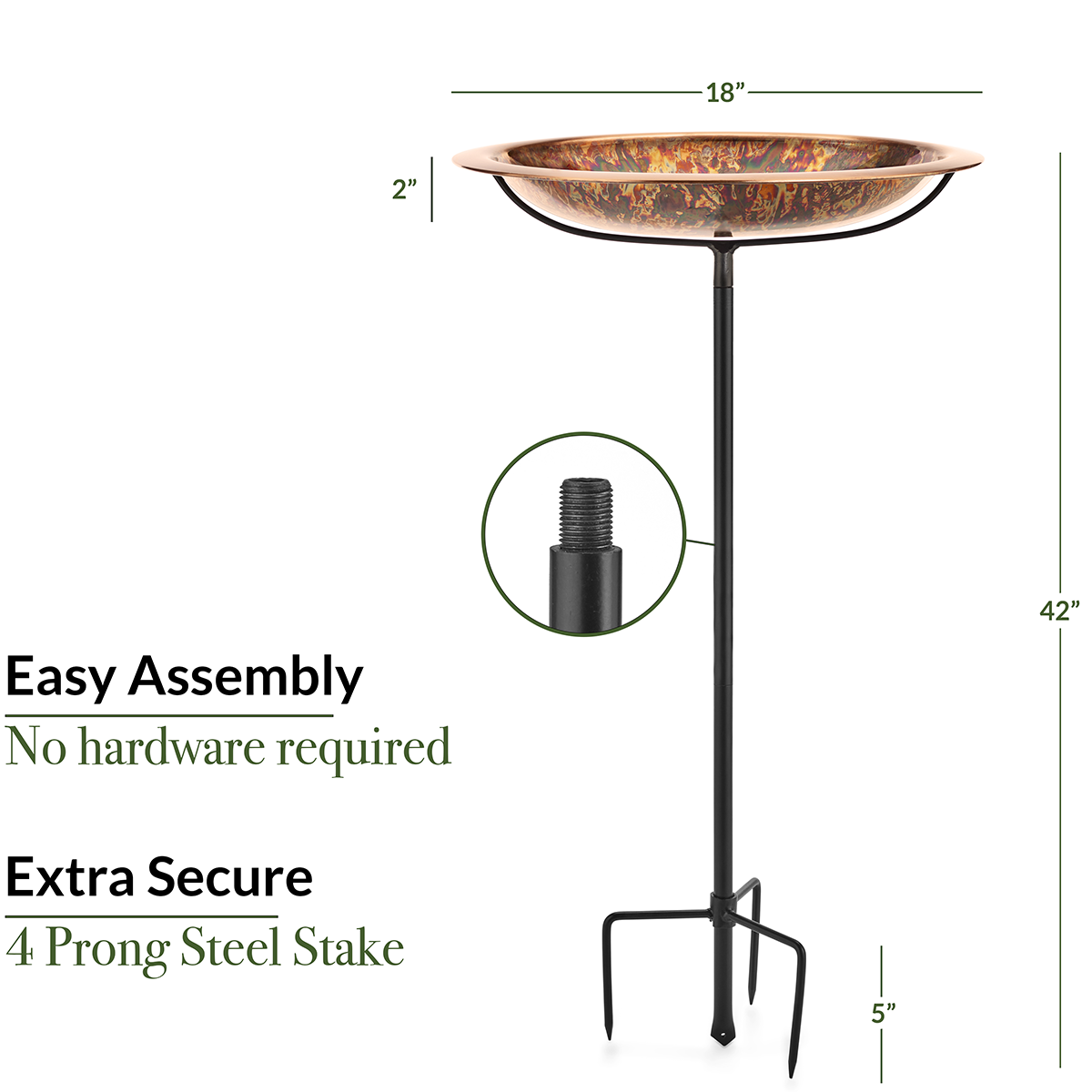 Large Fired Copper Bird Bath with Metal Garden Stake