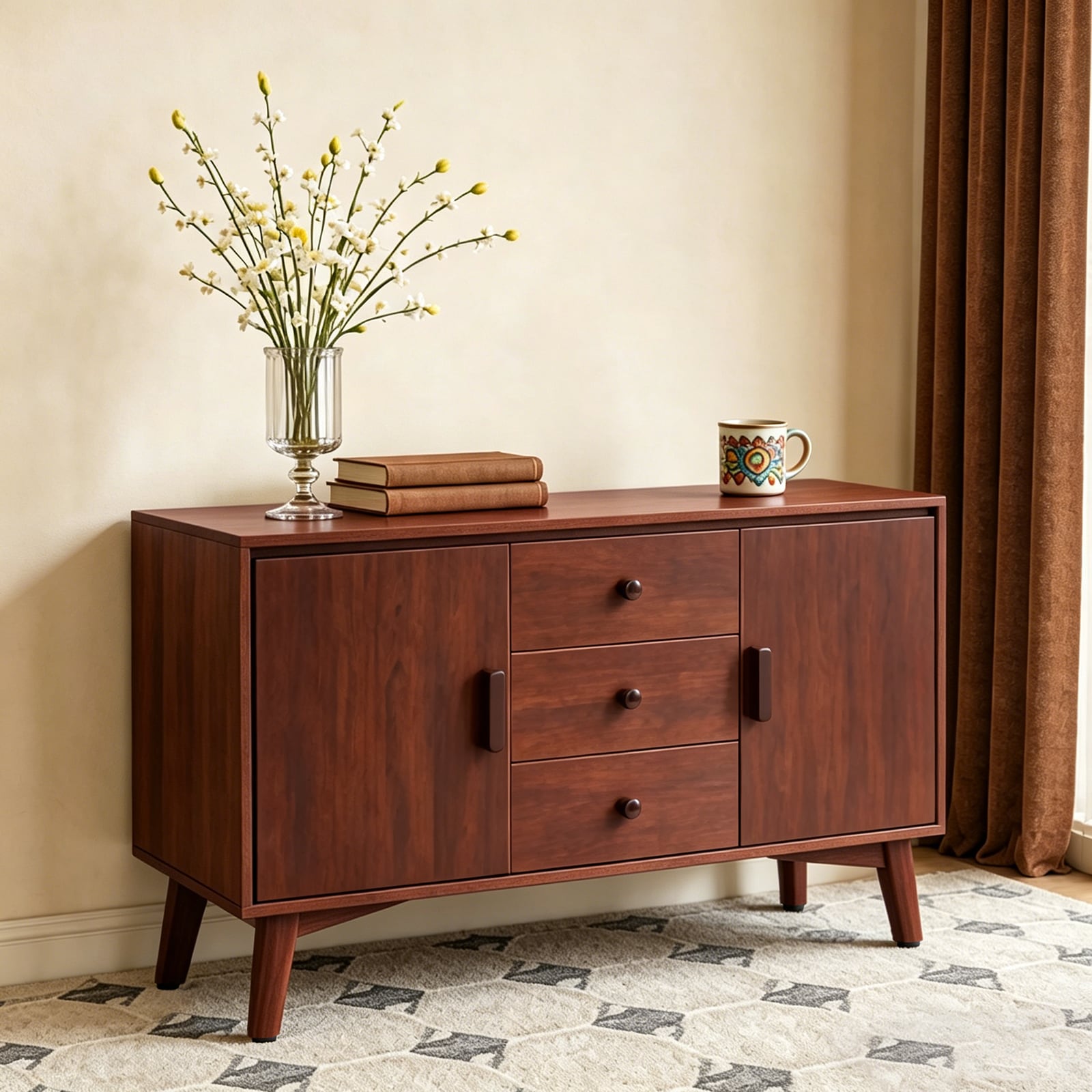 Wooakway 47.3 Inch Mid Century Walnut Sideboard with 2 Doors and 3 Drawers