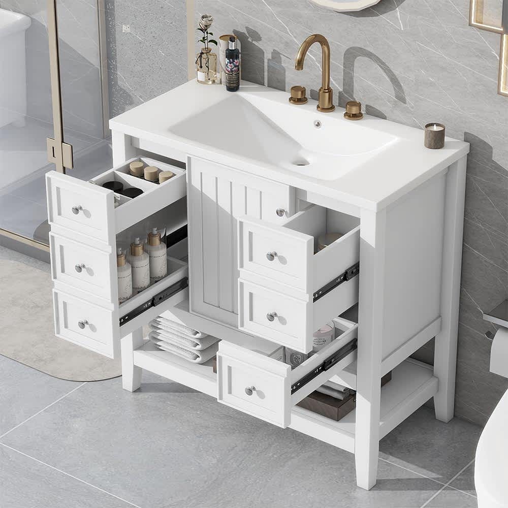 JUJABU ZJBATHVANTIY-5 White 36in Bathroom Vanity with Sink One Cabinet and Three Drawers Solid Wood and MDF Board for Bathroom