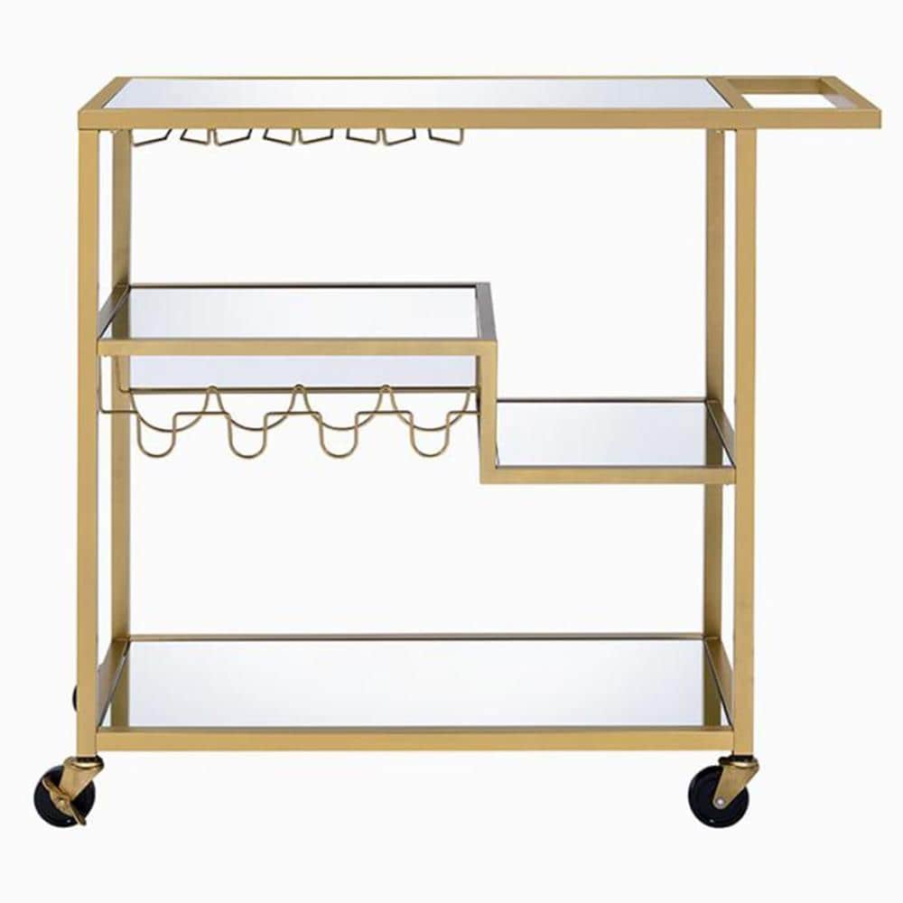 Benzara BM194348 Gold Metal Base with Glass Top Rolling Kitchen Cart (16-in x 40-in x 37.4-in)