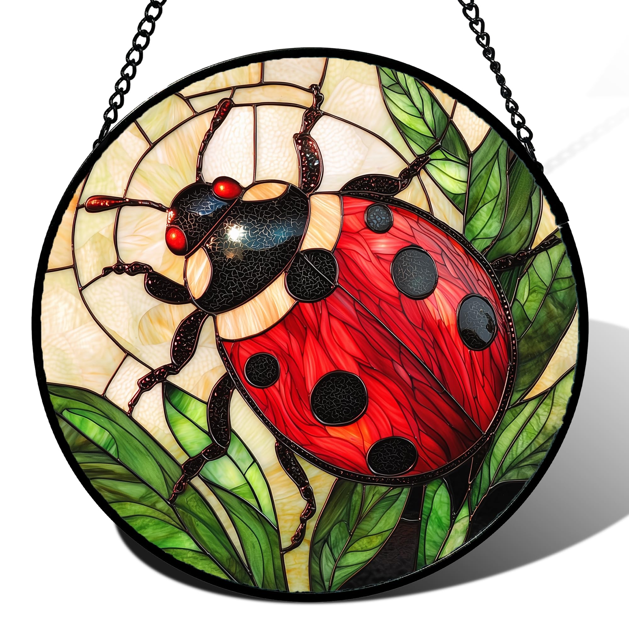 IUEST  Stained Glass Window Hanging Red Seven Spotted Ladybug Sun Catcher for Door Home Decor Insect Suncatcher Christmas Mothers Day Birthday