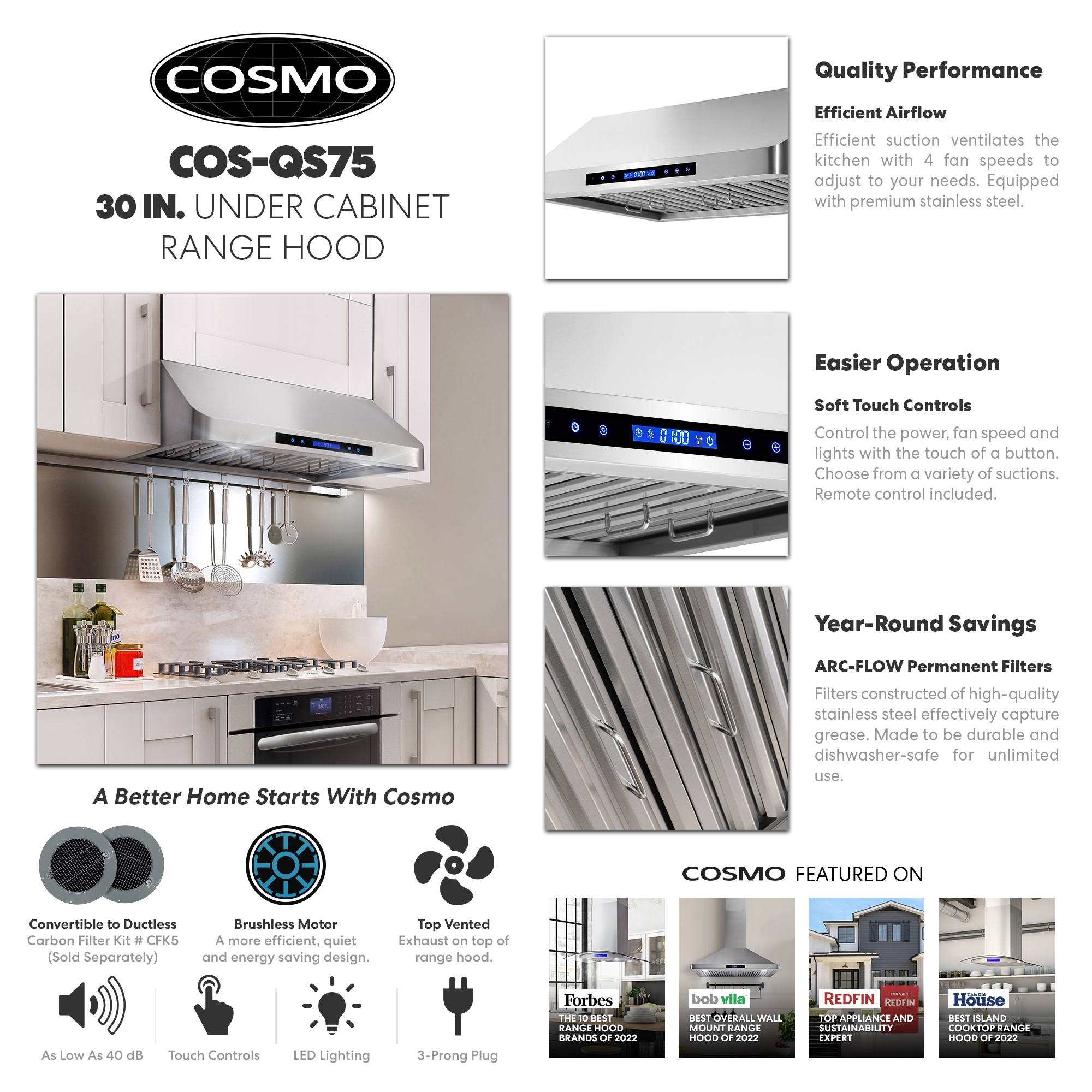 Cosmo 30-in 380-CFM Ductless Stainless Steel Wall-Mounted Range