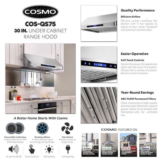 Cosmo Qs75 30-in 500-CFM Ducted Stainless Steel Under Cabinet Range Hoods  Undercabinet Mount