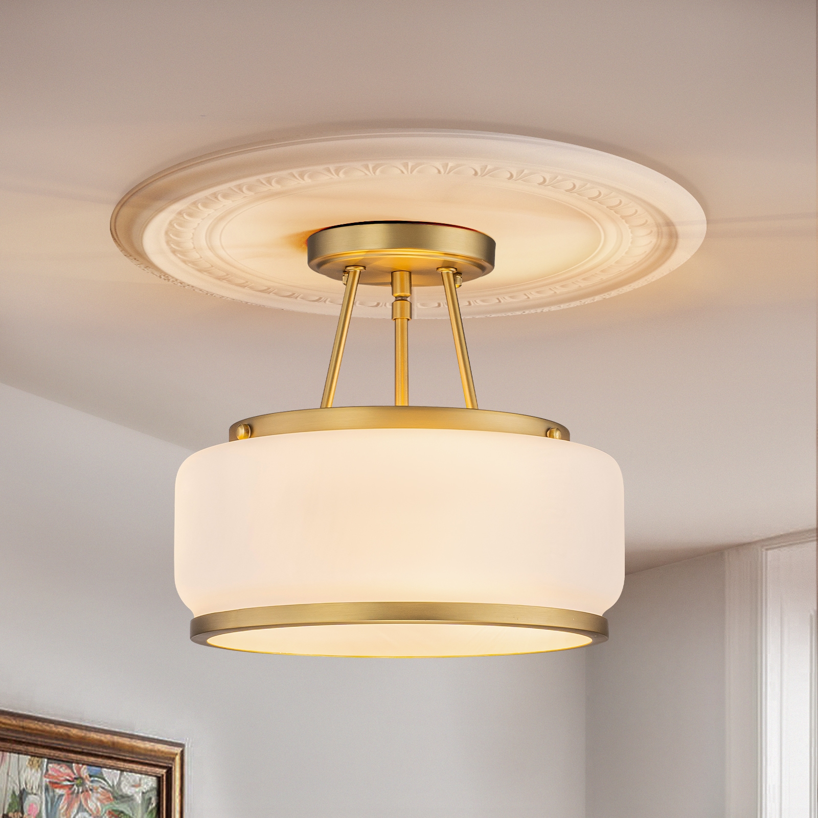 EDISLIVE 12-in Gold Indoor 3 -Light Semi-flush Mount Light with Opal Glass