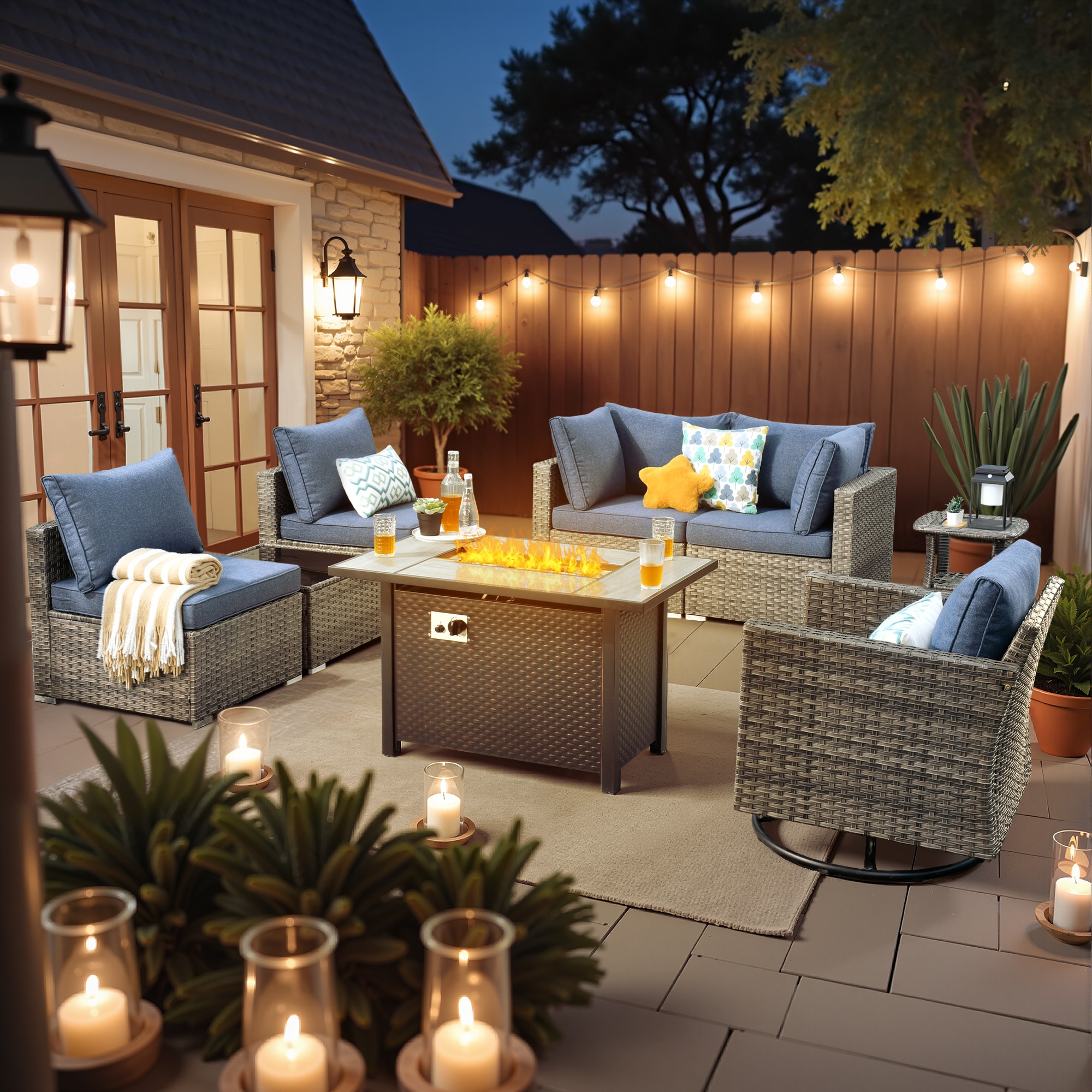 weaxty DCFP03RRSGRS308 Kuuga 8 -Piece Rattan Patio Conversation Set with Blue Cushions