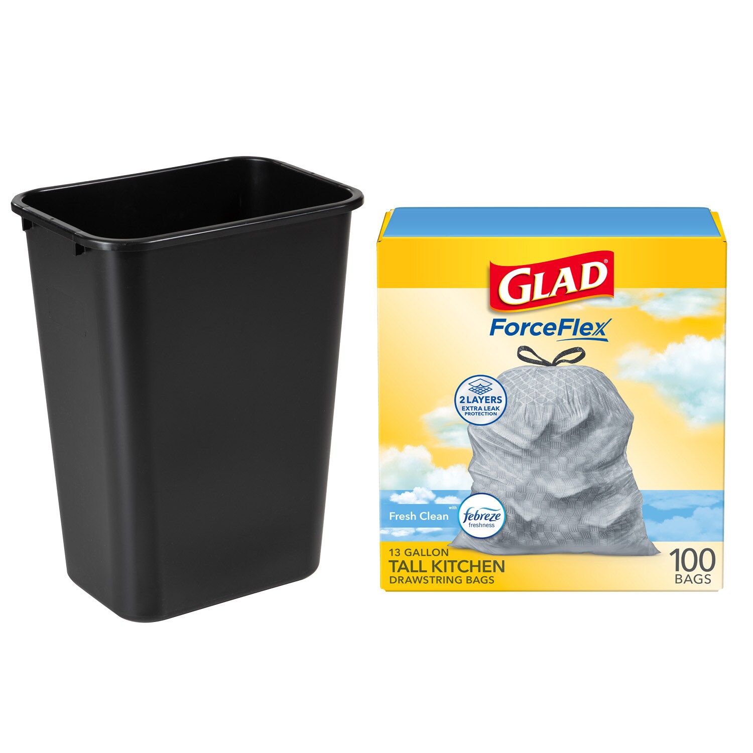 MOXIE  41-Quart Plastic Lidless Trash Can w/ Glad ForceFlex Febreze Fresh Clean Trash Bags (100ct)