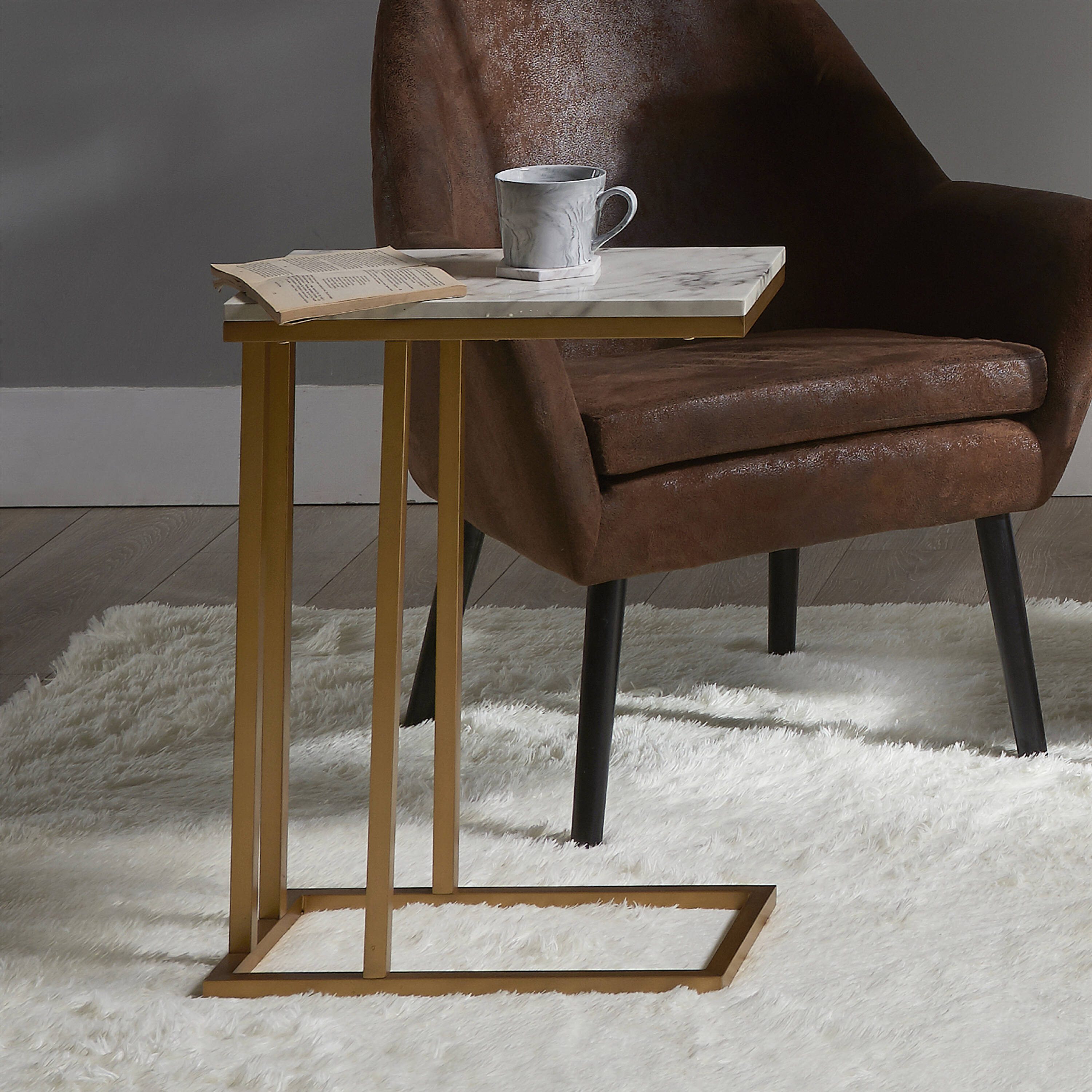 Modern Faux Marble and Brass C-Shaped Side Table