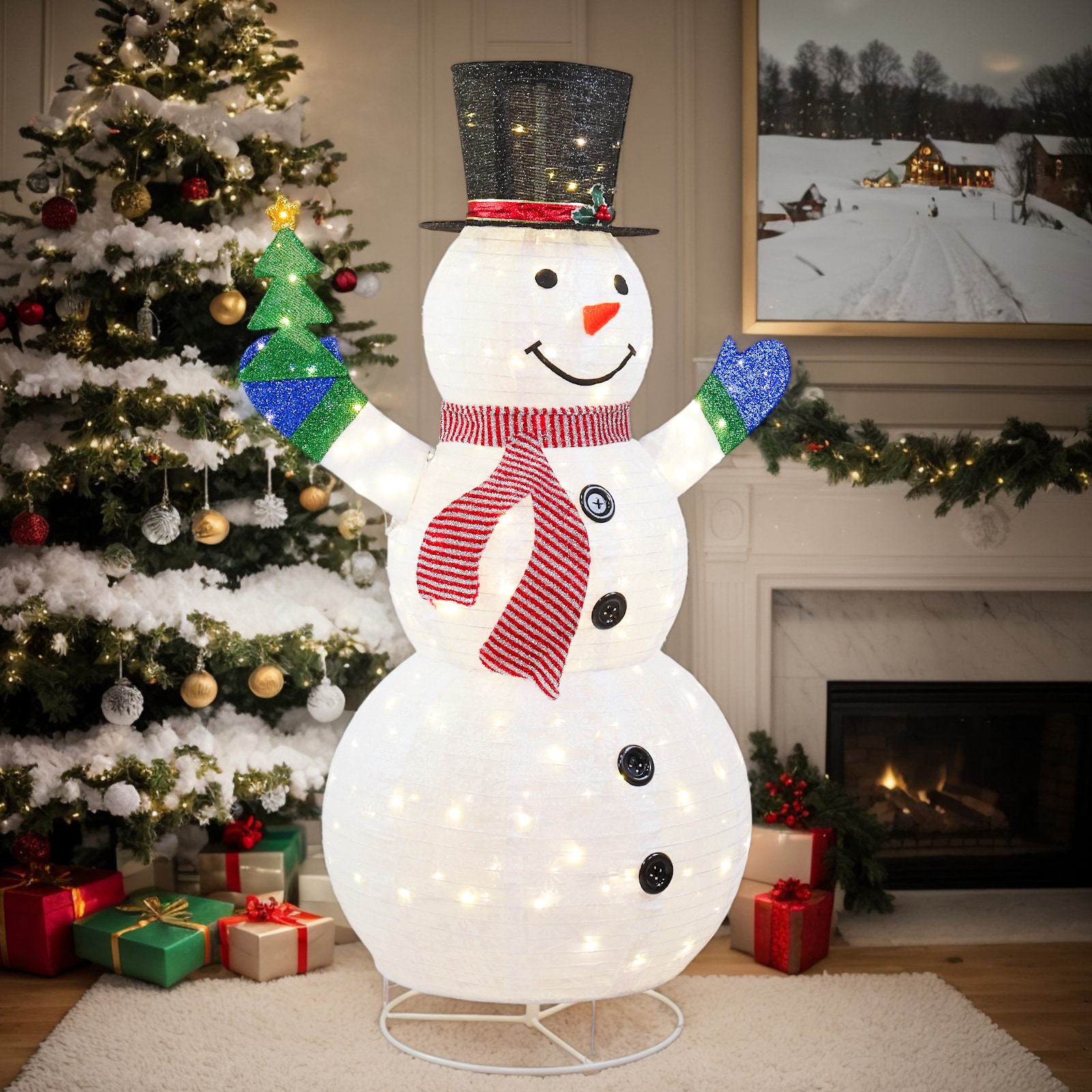 VINGLI 6FT Pre-Lit Snowman Holding Small Tree with 200 Warm White LED Lights Christmas Decorations for Lawn
