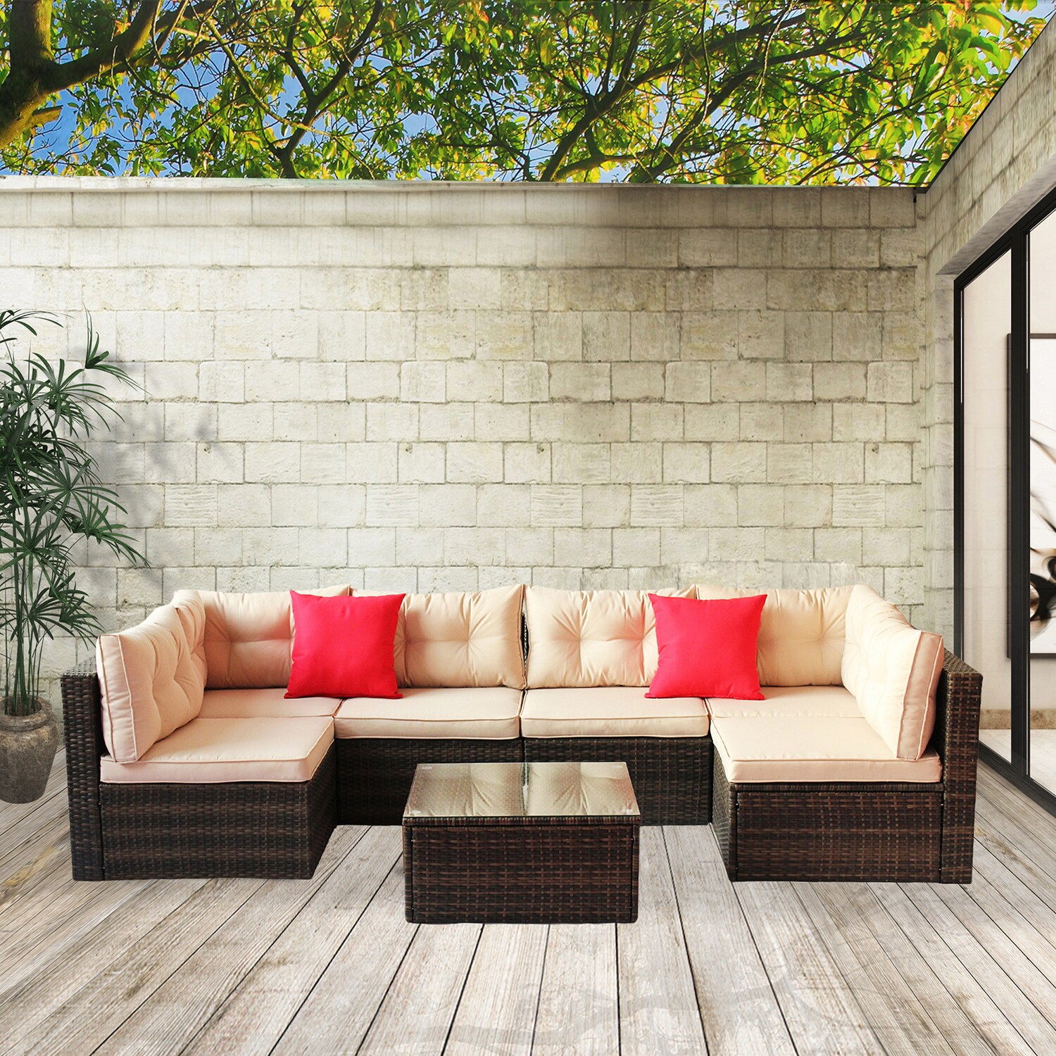 SINOFURN Rattan Outdoor Sectional with Red Cushion(S) and Rattan