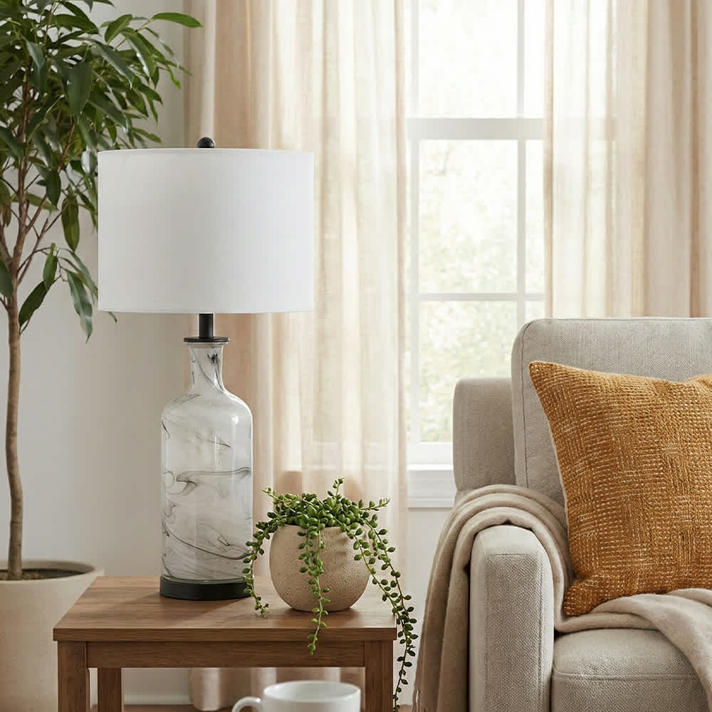 Coolbibila Gray Swirled Glass Tall Table Lamp with White Linen Drum Shade for Modern Bedroom or Living Room