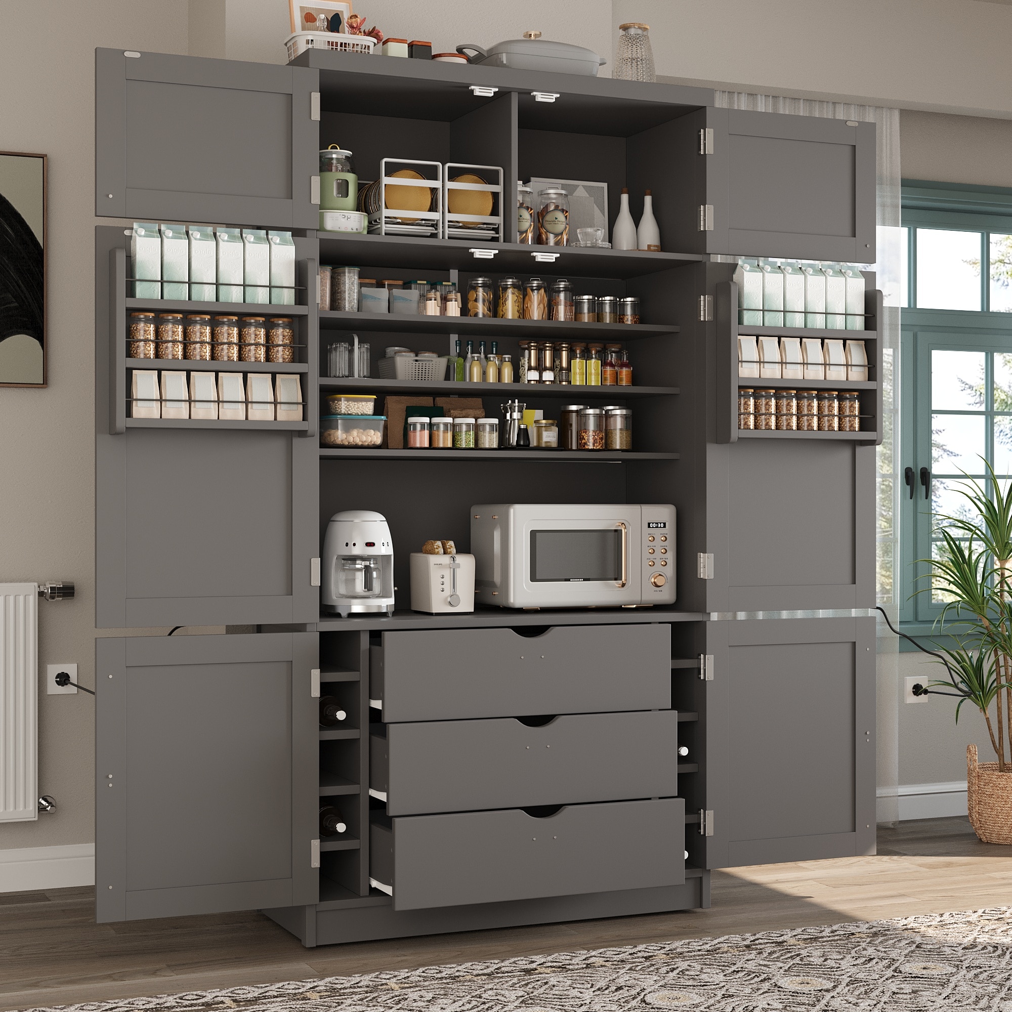 ModernLuxe L3P-SP000098AAE Assembly Required 80.1inch Tall Freestanding Kitchen Pantry 41.3inchX18.2inch Large Shaker Style Storage Cabinet Cupboard With 2 Power Outlets Adjustable Shelves And Door Shelves Grey