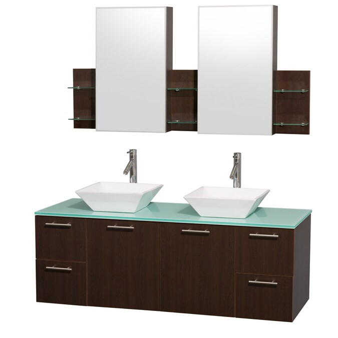 Espresso Double Sink Bathroom Vanity, Green Glass Vanity