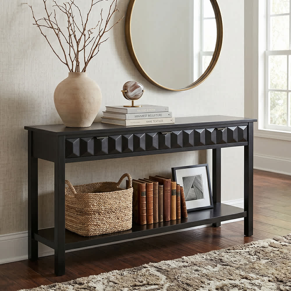 Coolbibila 60 Inch Black Console Table with Drawer Modern Entryway Table with Bottom Shelf  for Living Room