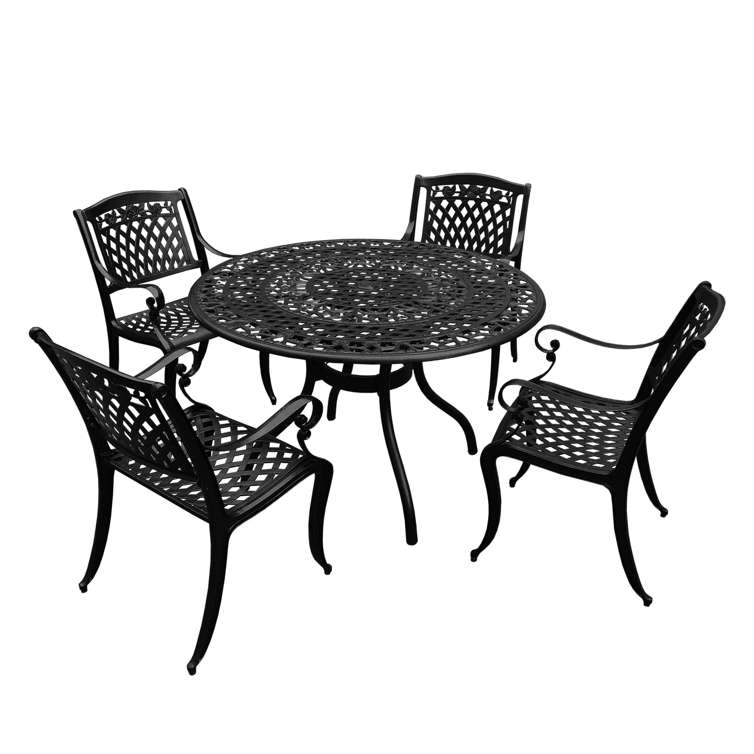 Black Aluminum Round Patio Dining Set with Ornate Mesh Design, 48-inch
