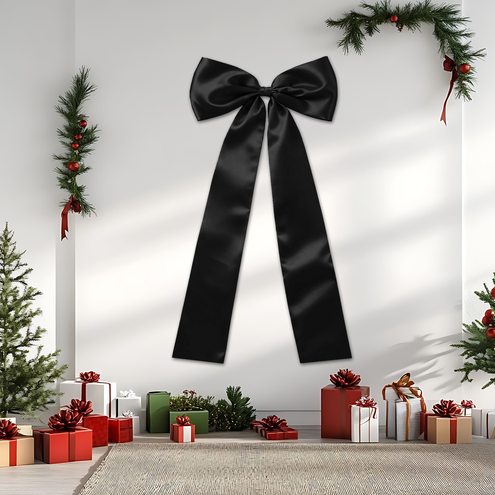 IdealHouse Satin Christmas Tree Topper Bow (23.6 x 63 in) Large Festive Xmas Tree Bow Elegant Holiday Ribbon Topper for Home Mantel or Party Christmas Decoration Black