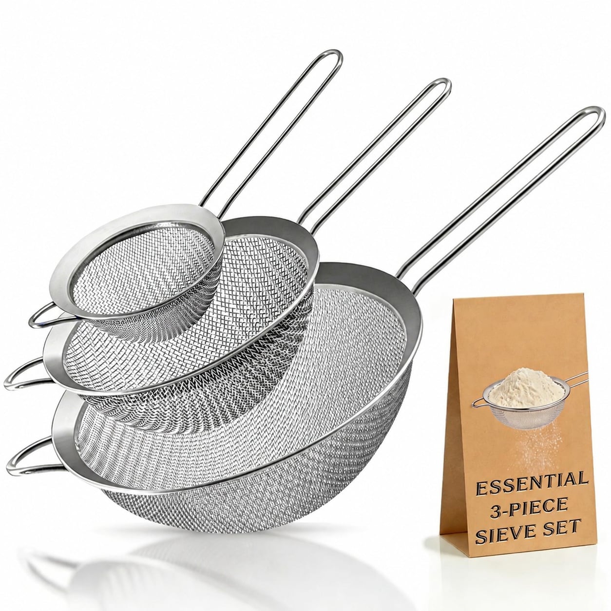 DHMHD  Fine Mesh Strainers Set Stainless Steel Colander Sieve Sifters with Durable Mesh and Long Handles for Sifting Flour Pasta Rice Tea Three
