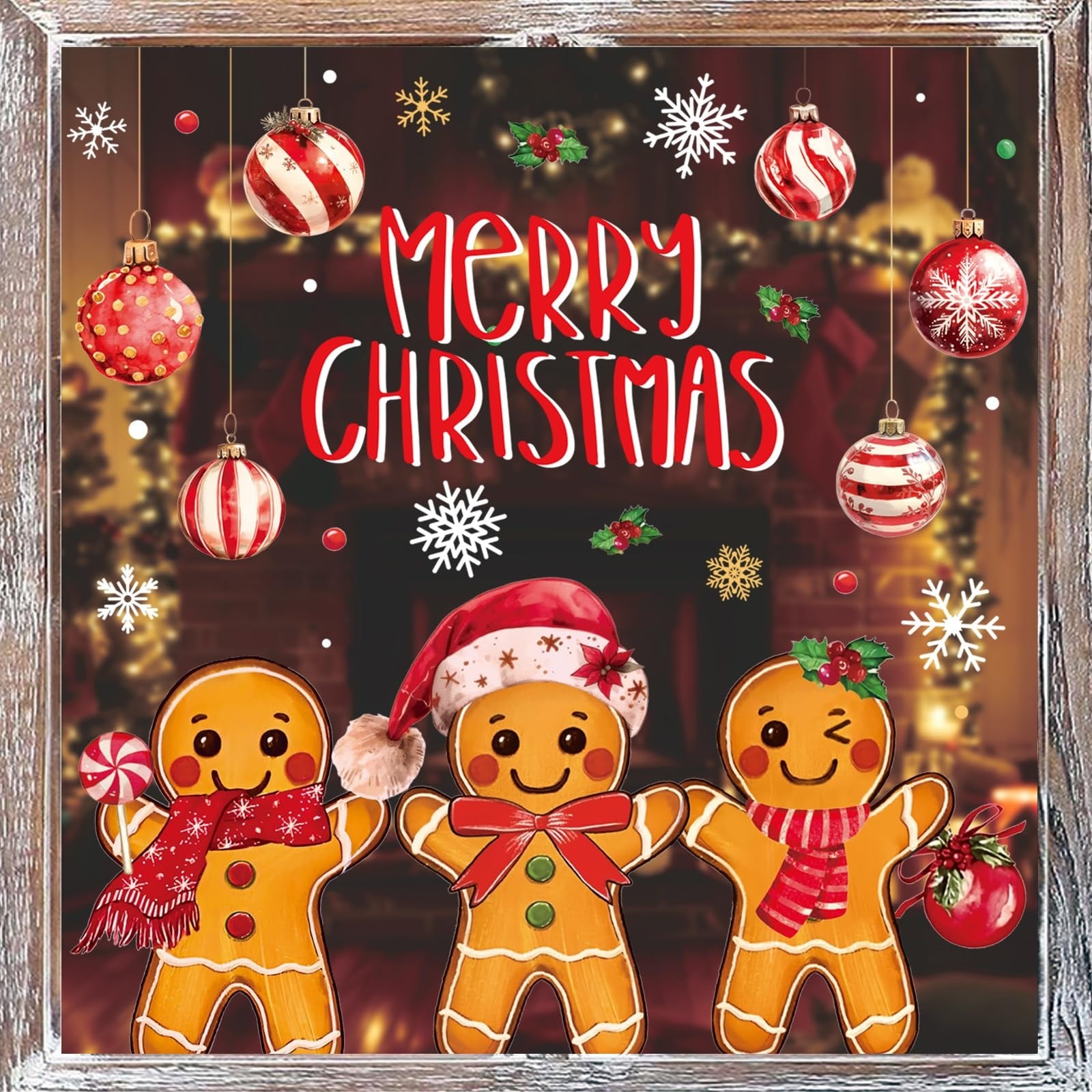 LAIFUCAM  6 Sheet Merry Christmas Window Clings Gingerbread Man Snowflake Xmas Ball Double Sided Reusable Anti Collision Decals for Home School