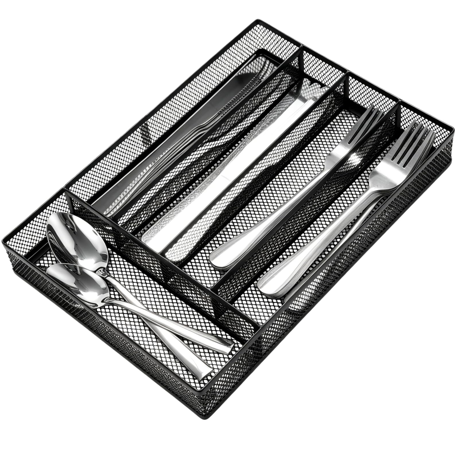 Anqtovp  Metal Mesh Drawer Organizer with Five Compartments Carbon Steel Cutlery Tray for Kitchen and Office Storage 12.6 by 8.7 by 1.8 Inches