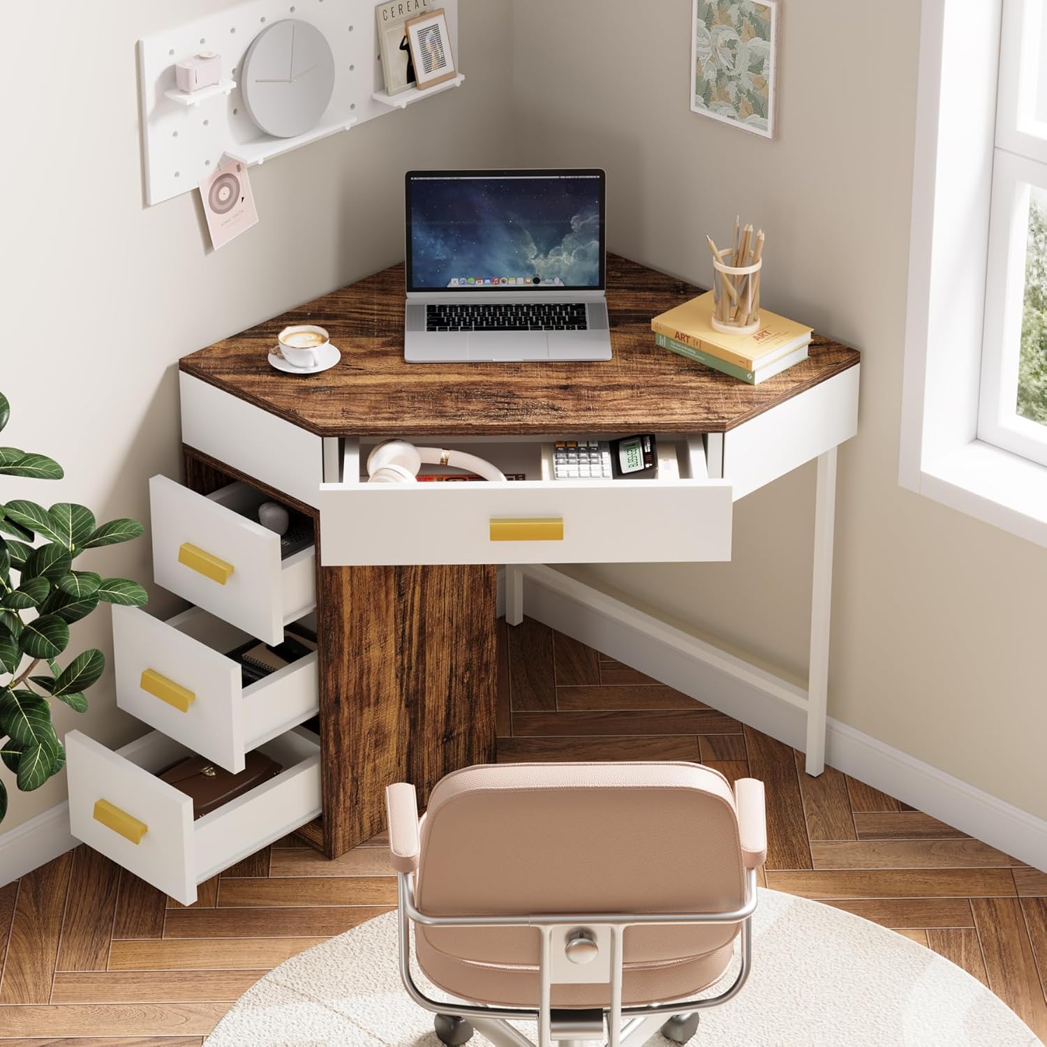 Tribesigns Corner Desk Triangle Computer Desk with 4 Drawers 90 Degree ...