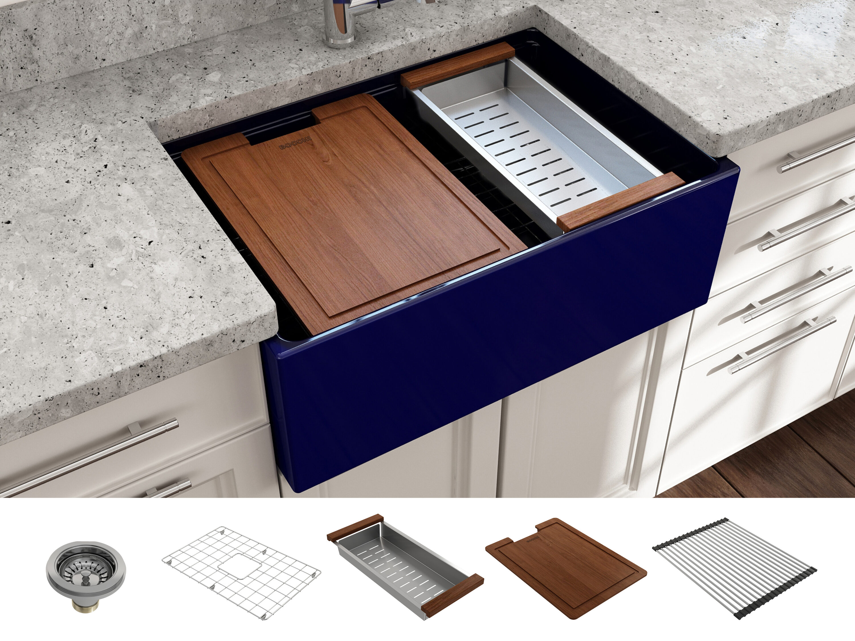 BOCCHI 1628-010-0120 Farmhouse apron front 27-Inches x 19-Inches Fireclay Single bowl Workstation Kitchen Sink