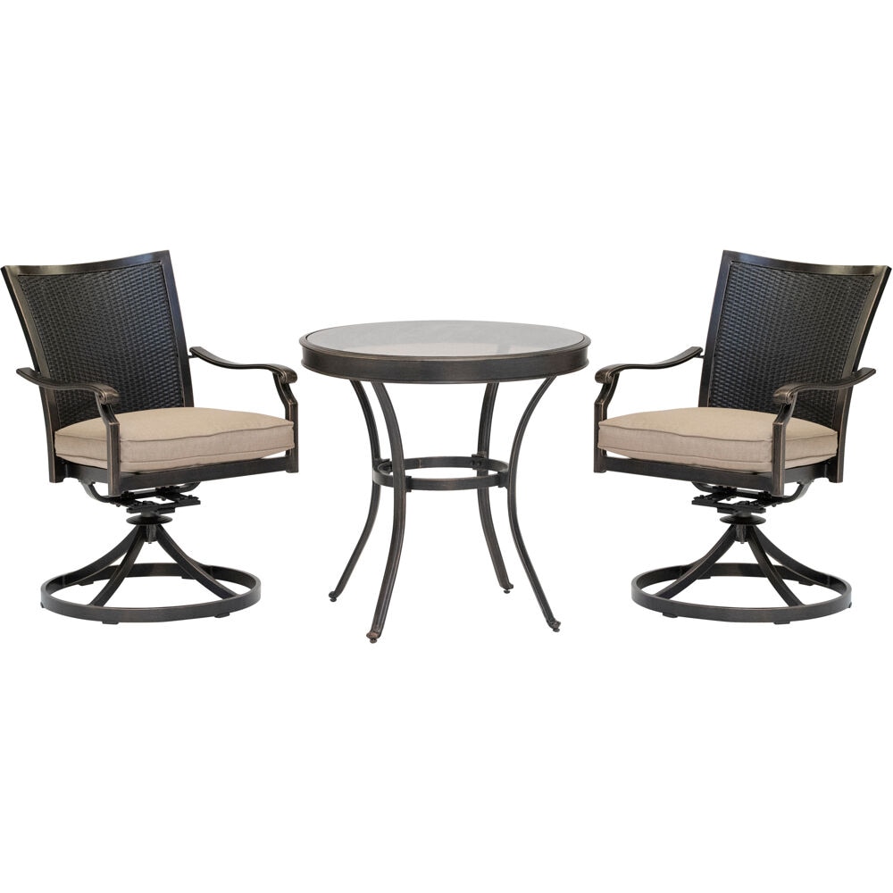 Hanover TRADDNWB3PCSWG-TAN Traditions 3 -Piece Bronze Bistro Patio Dining Set Aluminum Round Table with 2 Tan Cushions Swivel Rocker Chairs