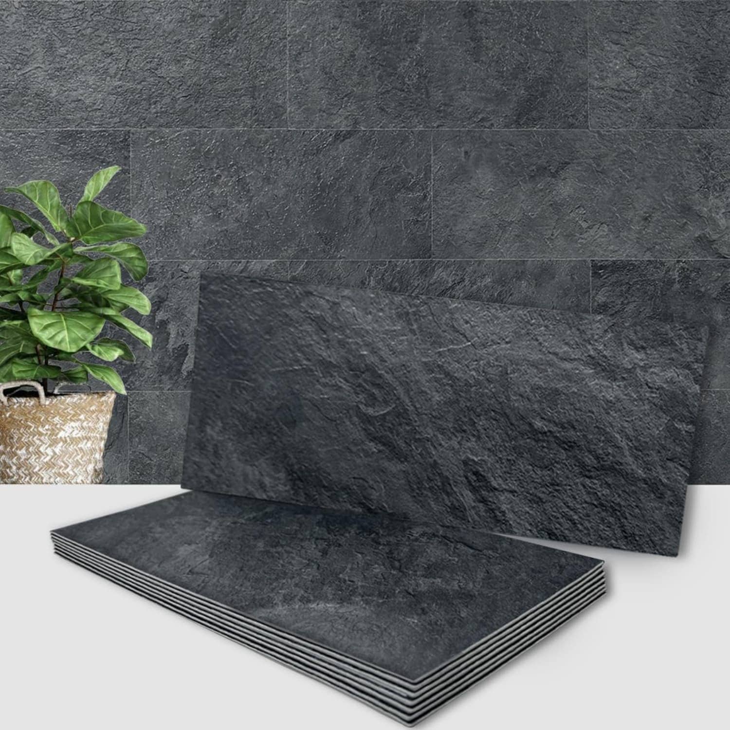 Angel Sar 20 Pcs 6 x 12 Inch Black Slate Peel and Stick Backsplash Tiles PVC Faux Stone Self Adhesive Waterproof for Kitchen Bathroom Laundry Room Camper Fireplace