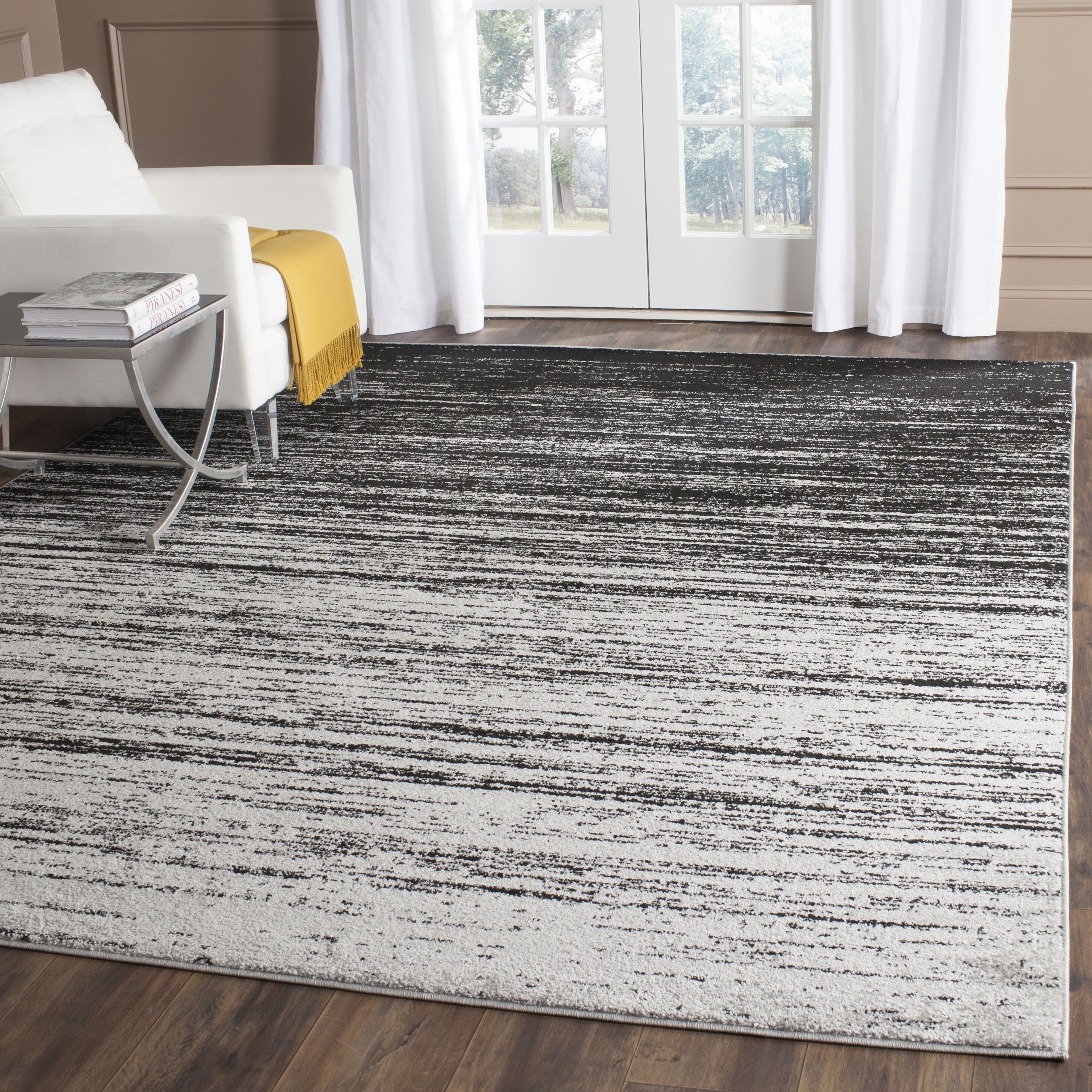 Silver and Black Abstract Low Pile Area Rug, 9' x 12'