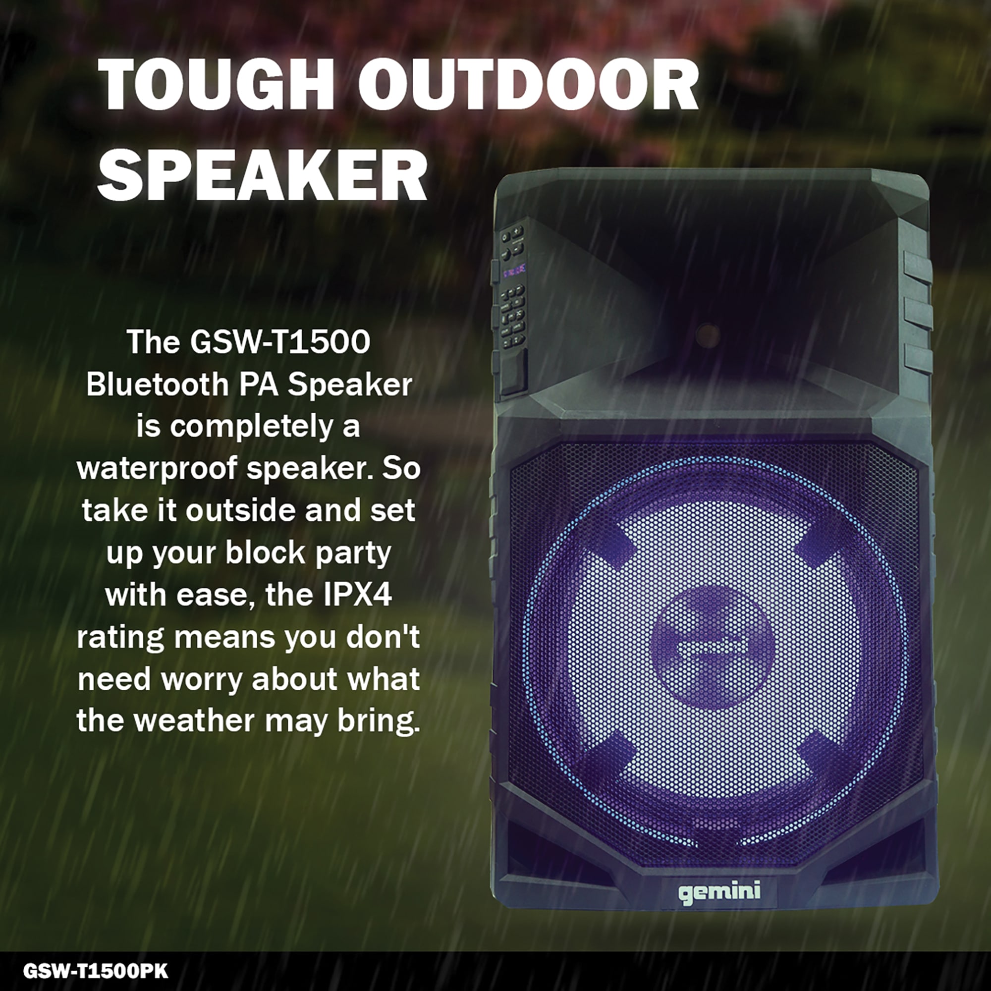 Gemini GSW-T1500PK Portable Bluetooth Outdoor Party System with LEDs,  Stand, and Microphone at