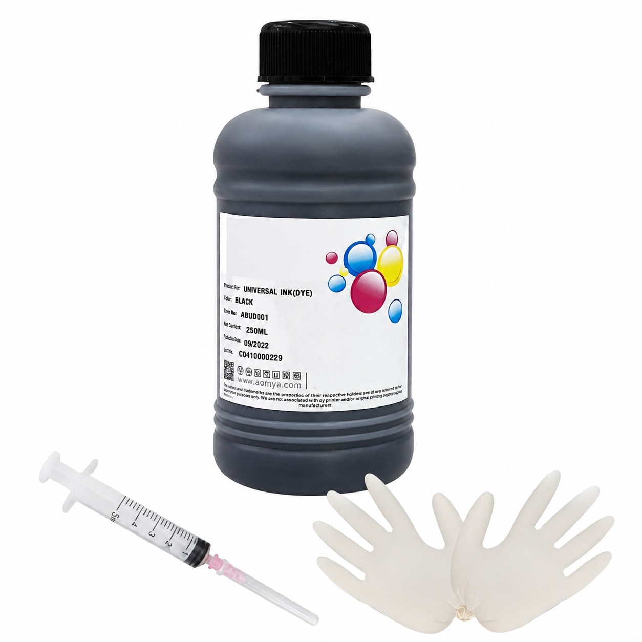 Etokfoks universal black dye bulk ink refill kit 250ml 9 oz bottle with syringe and gloves for Canon HP Epson Brother inkjet systems #LETUW8TYR