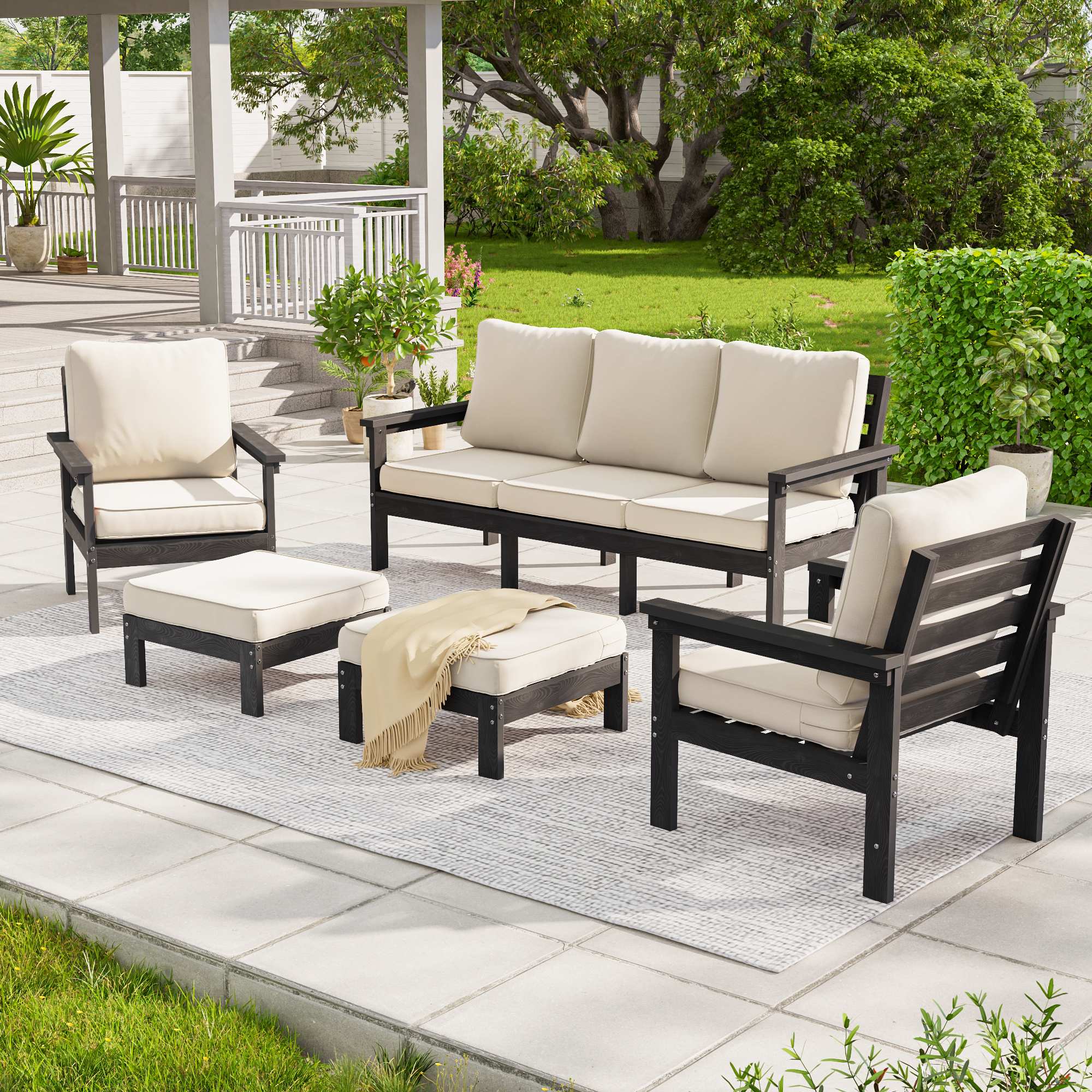 Aok Garden LWP-SM-PS04BCM HIPS 5 Pieces Patio Furniture Set All Weather Outdoor Sectional Sofa Set with Ottoman and Removable Beige Cushions in Teak