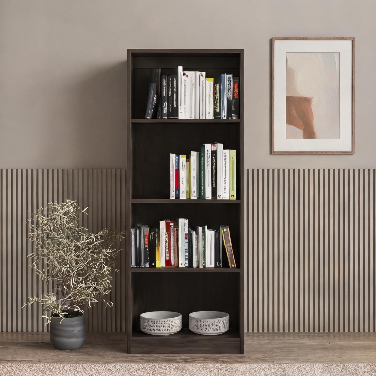 FlowLuxe Tall Bookcase with Open Shelving Kronos Walnut Finish 71-Inch Vertical Storage Slim Footprint for Living Room or Office