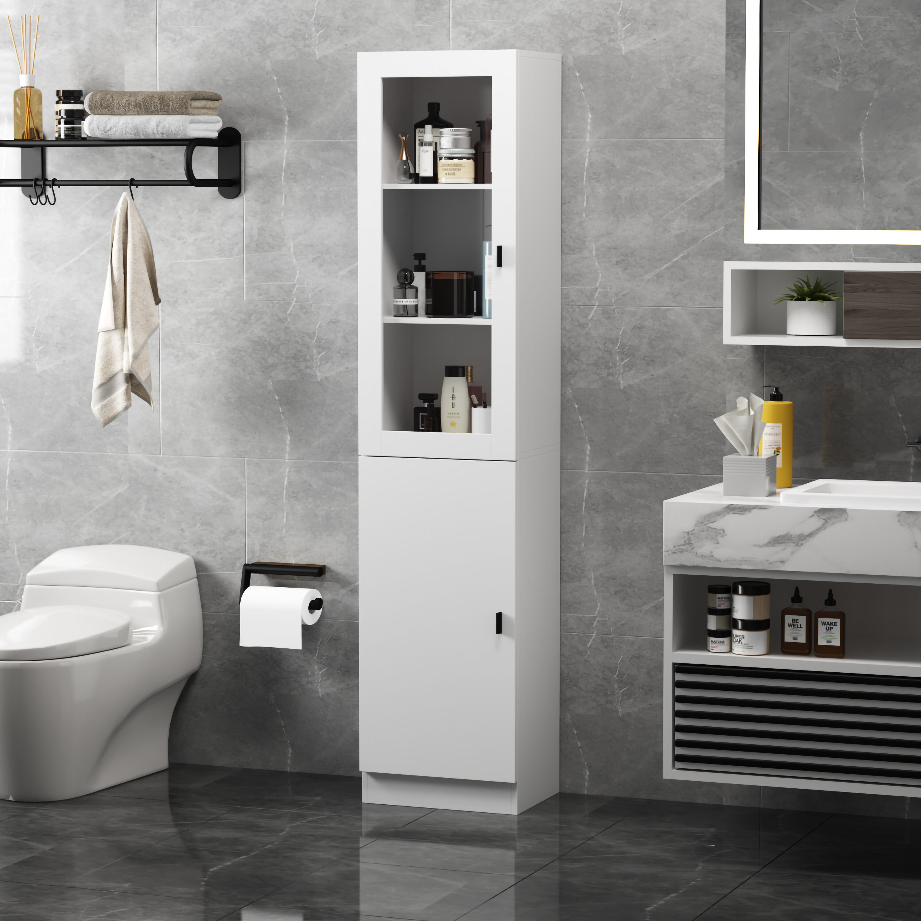 FUFU&GAGA LJY-KF210158-01 White Particleboard 5 -Shelf Bookcase with Doors ( 15.7-in W x 70.9-in H x 11.5-in D ) Finished