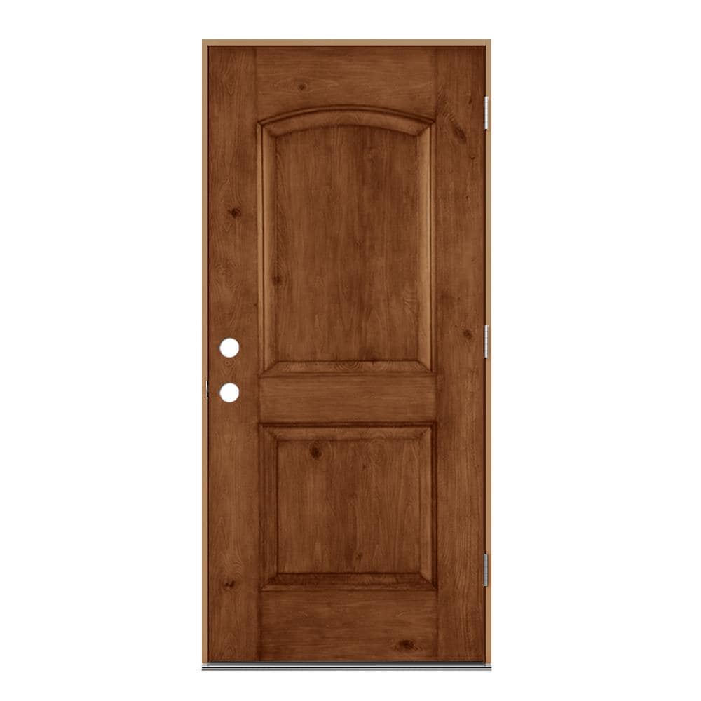 JELD-WEN LOWOLJW232400022 36-in x 80-in x 4-9/16-in Fiberglass No glass Left-hand outswing Hazelnut Stained Prehung Front Door Insulating core