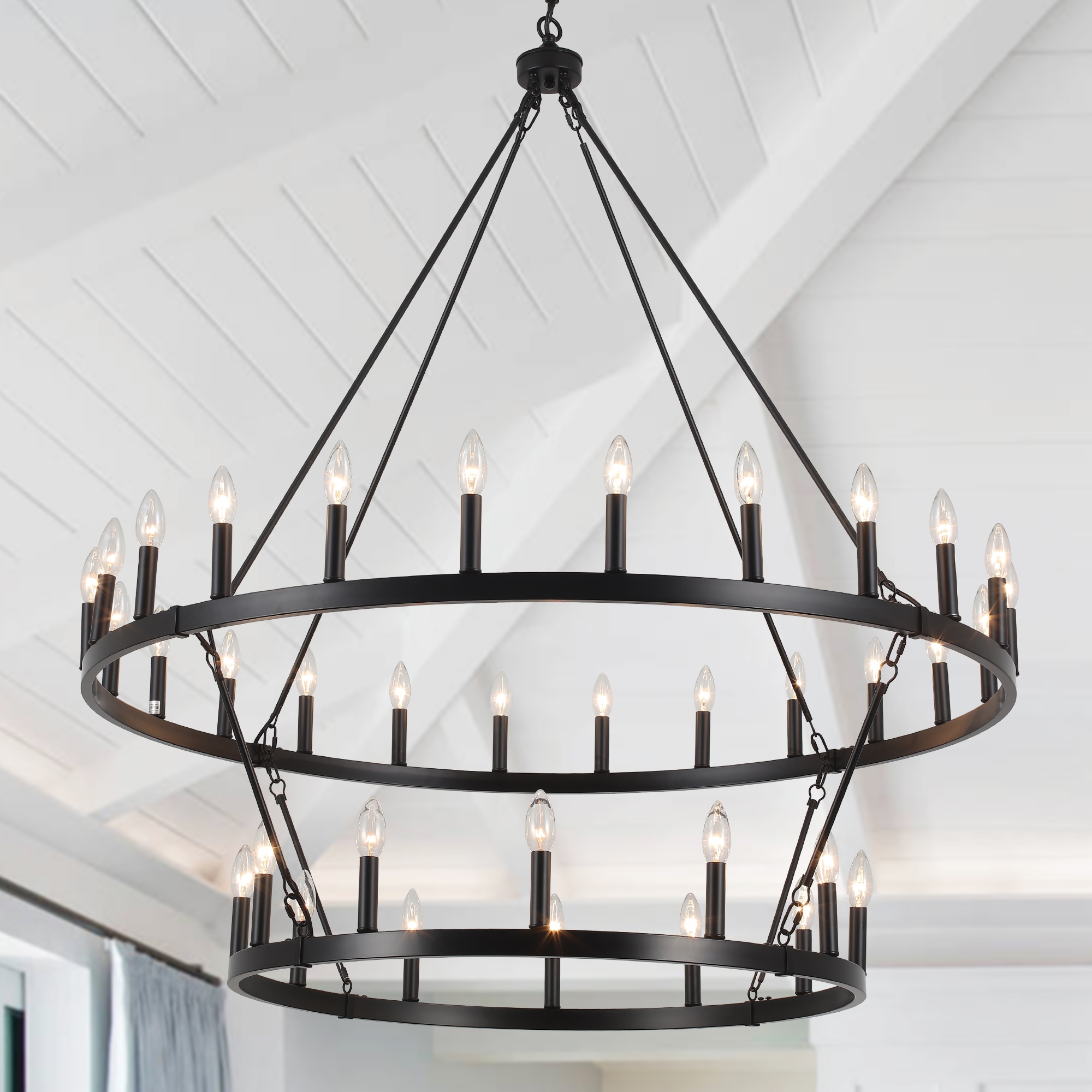 HLJYNJM 36-Light Matte Black 2-Tier Wagon Wheel Large Farmhouse Chandelier Candle Hanging Light for High Ceiling Foyer Living Room