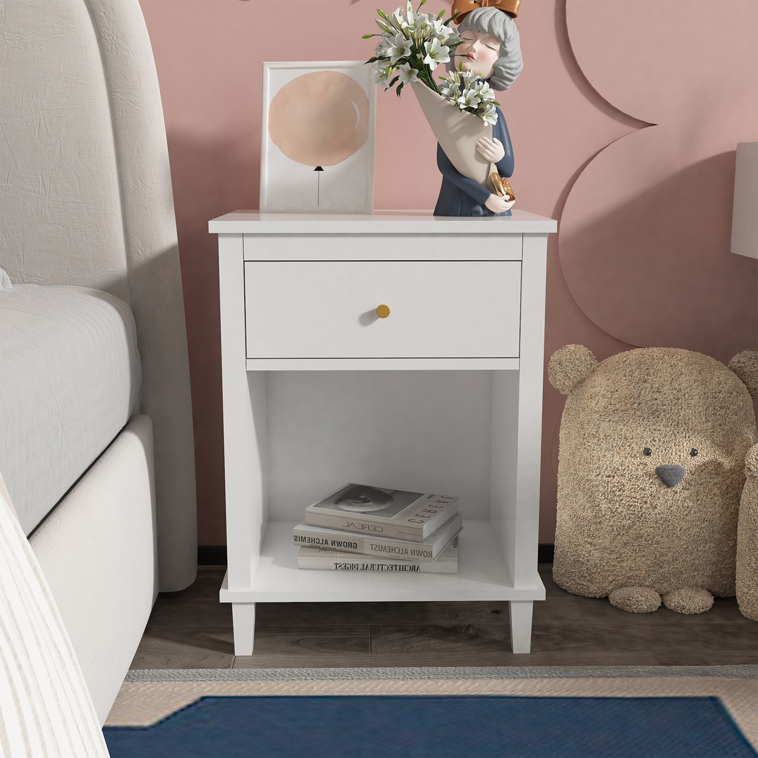 GZMR LD101BL-CROV 26.77''H Wooden Nightstand with 1 Drawer 1 Shelf White Nightstand