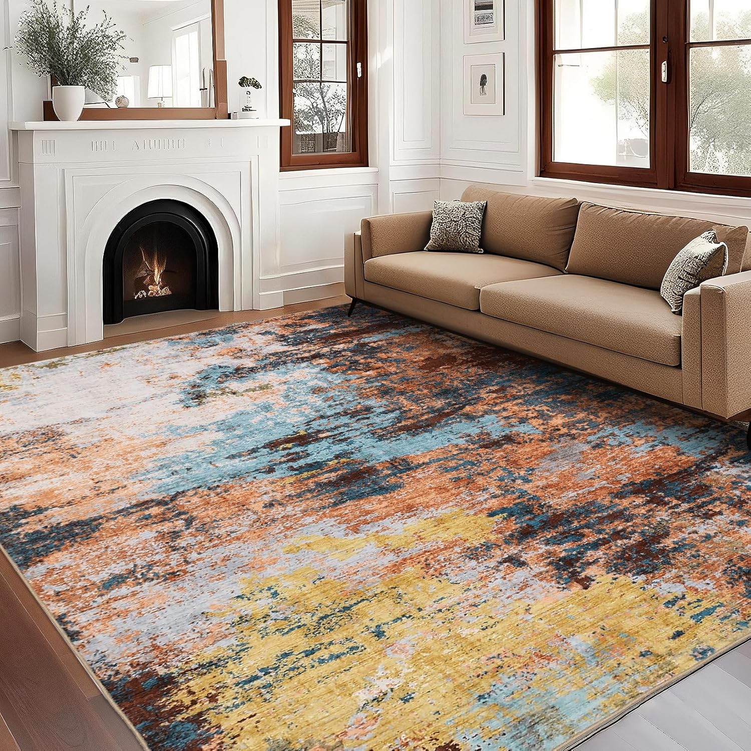 IdealHouse Machine Washable Area Rugs 6x9 Modern Abstract Floor Cover Colorful Contemporary Floor Cover Foldable Low Pile Throw Rug for Bedroom Living Room Office Yellow #LUCY-3AGLX897JYB1