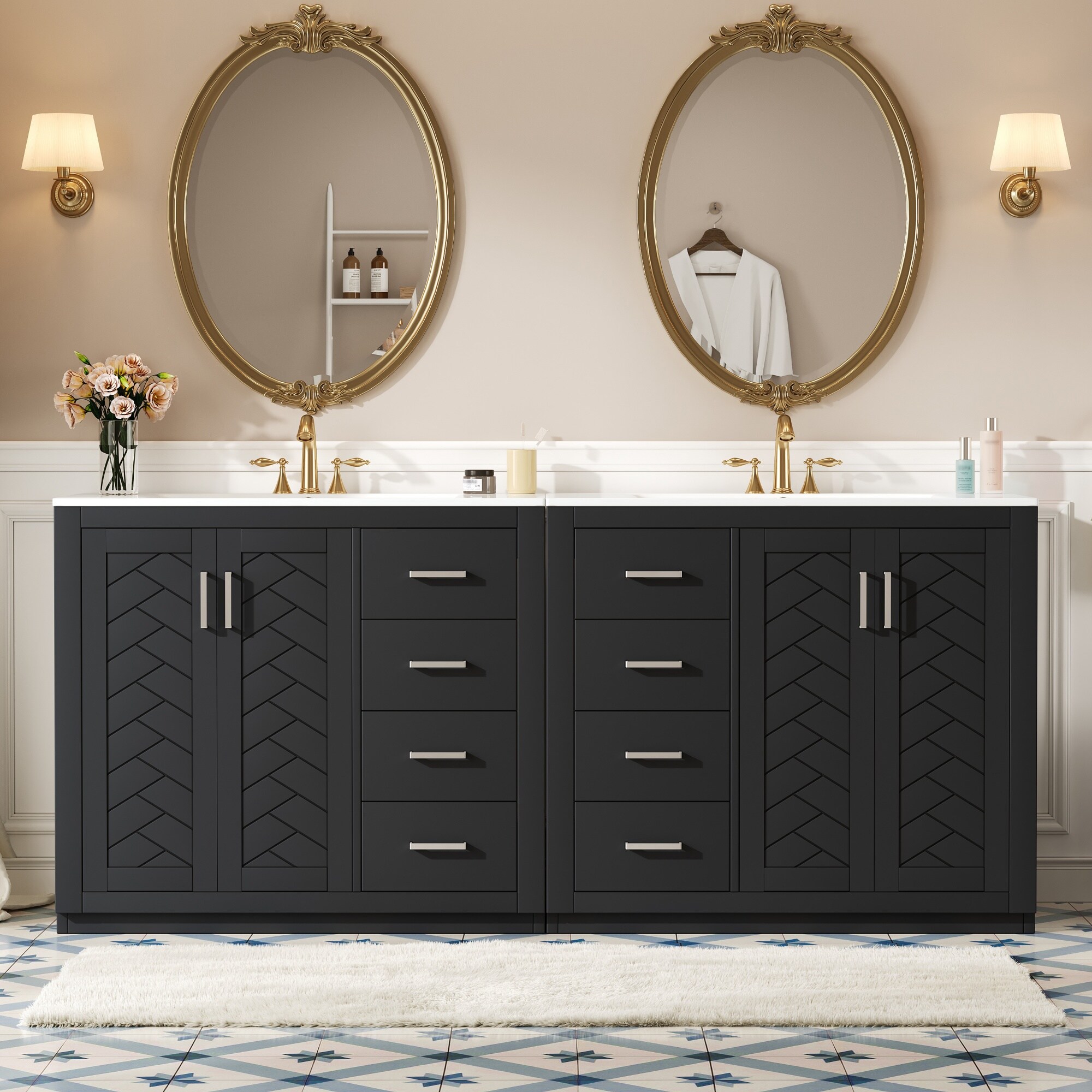 Tatayosi RY-SS00013B 72 inches Bathroom Vanity with Ceramic Sink (Separate) Solid Wood Frame Bathroom Storage Cabinet Freestanding Vanity Set with Drawers Soft Closing Doors