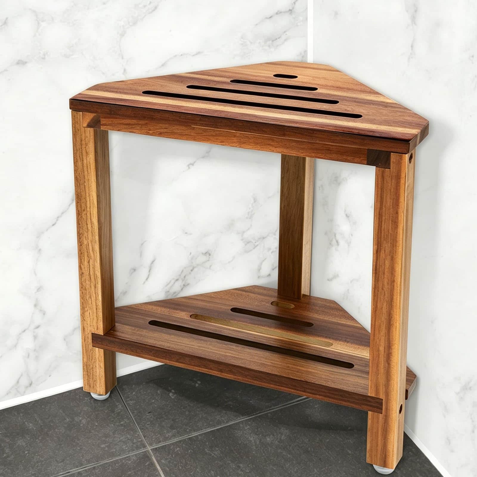 Numhew 14.5in D 12in W 14in H 2-Tier Natural Finish Corner Shower Stool