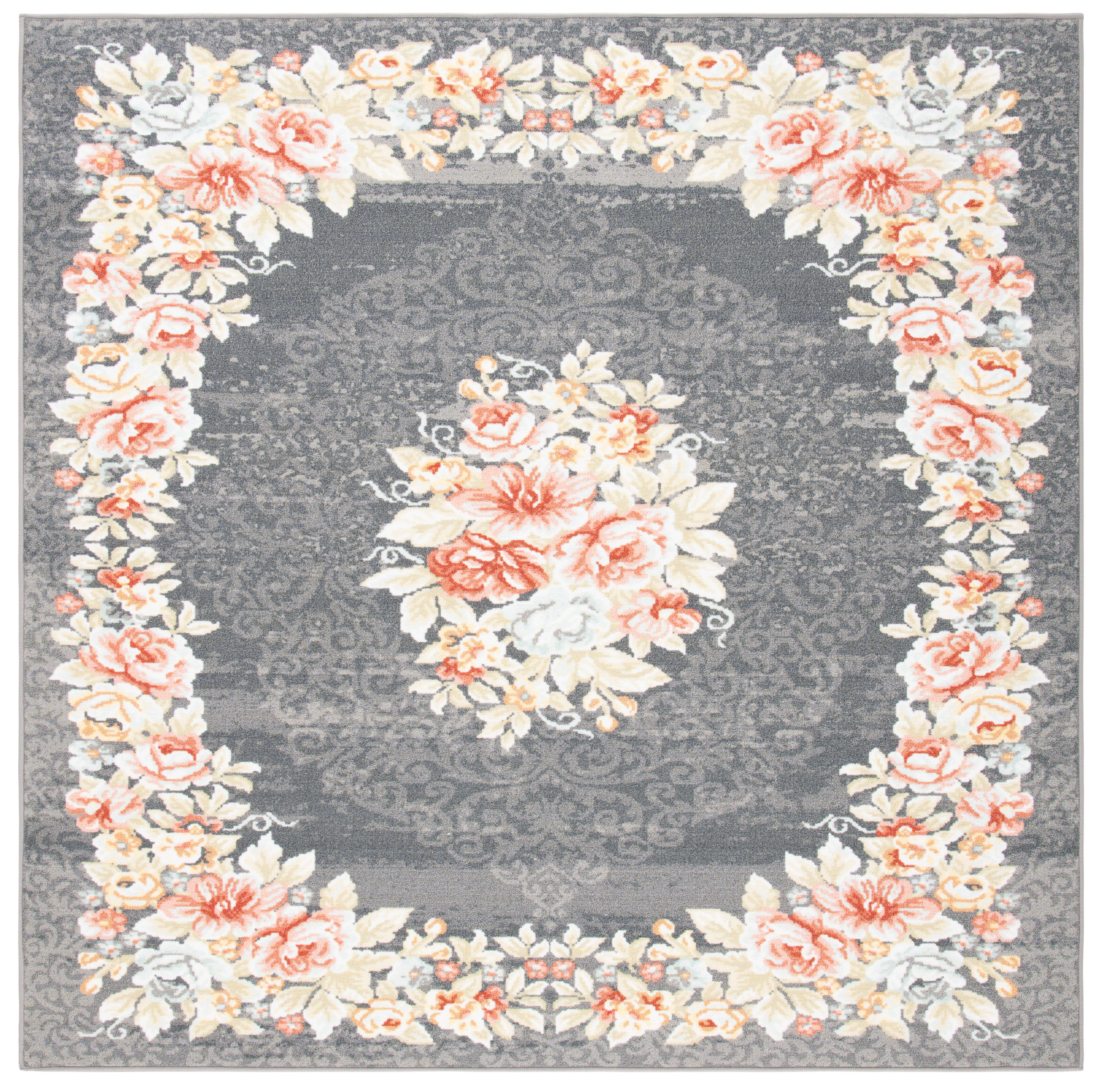 Gray and Pink Floral Pattern Square Wool Area Rug
