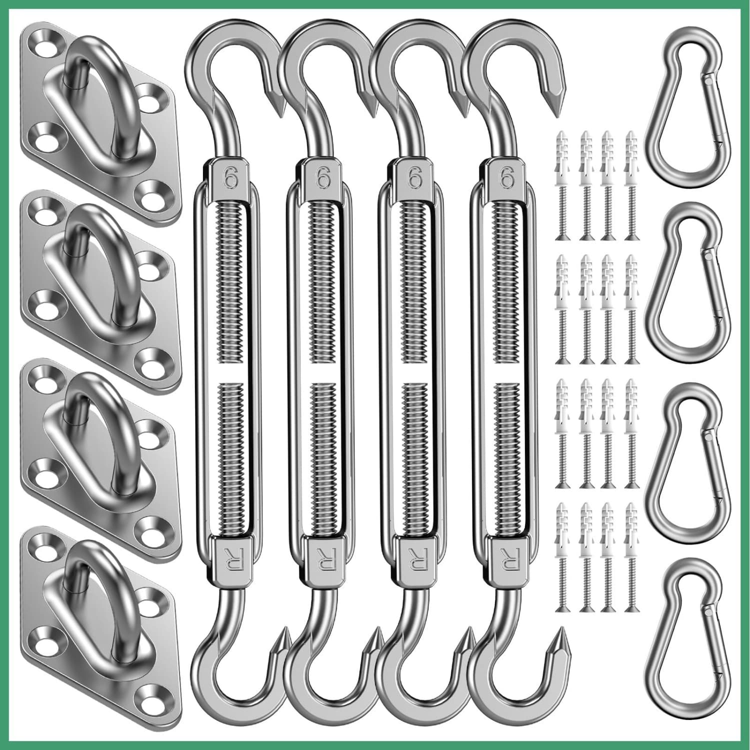 Angel Sar 6in M6 44-Piece Stainless Steel Silver Shade Sail Hardware Kit for Triangle Rectangle Sun Shade Canopy Installation