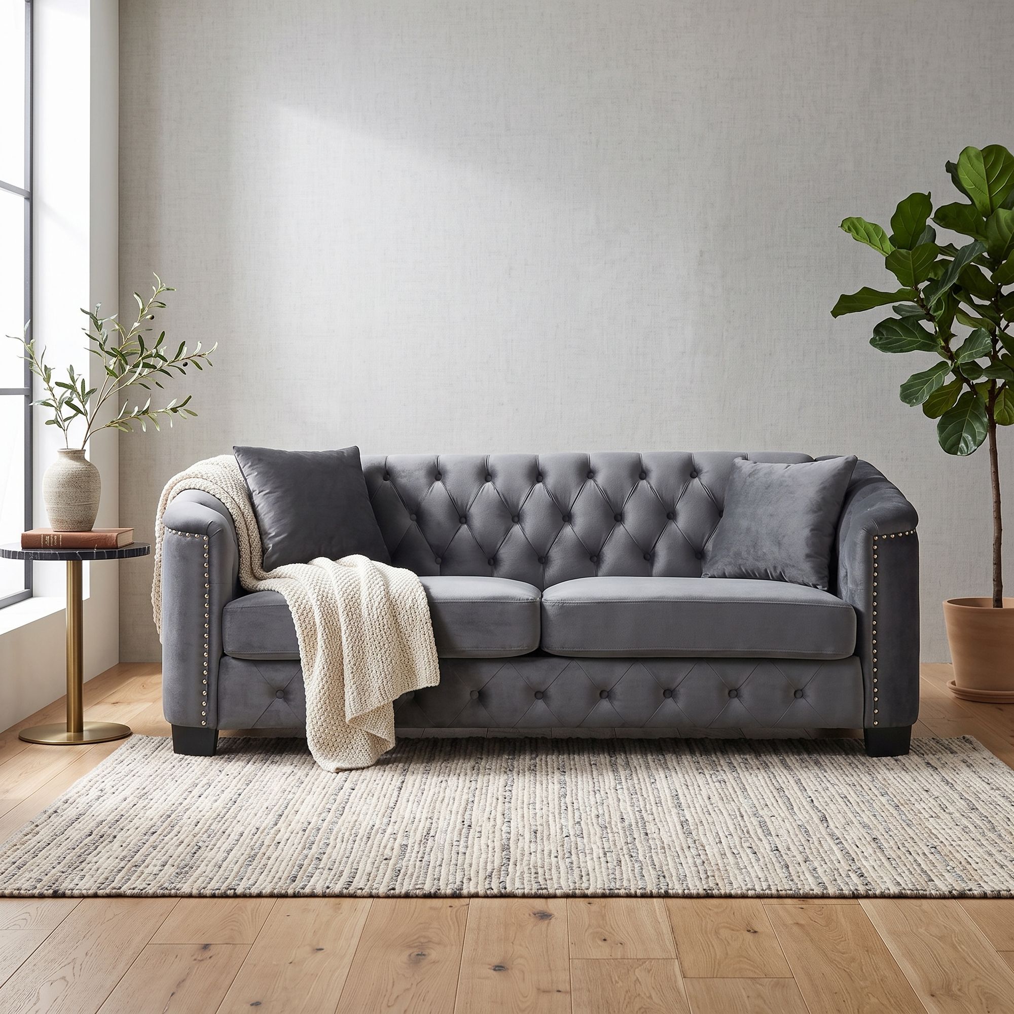 LauKingdom - 77 Inch Grey Modern Chesterfield Sofa Tufted Velvet 3 Seater Couch with Nailhead Tri...