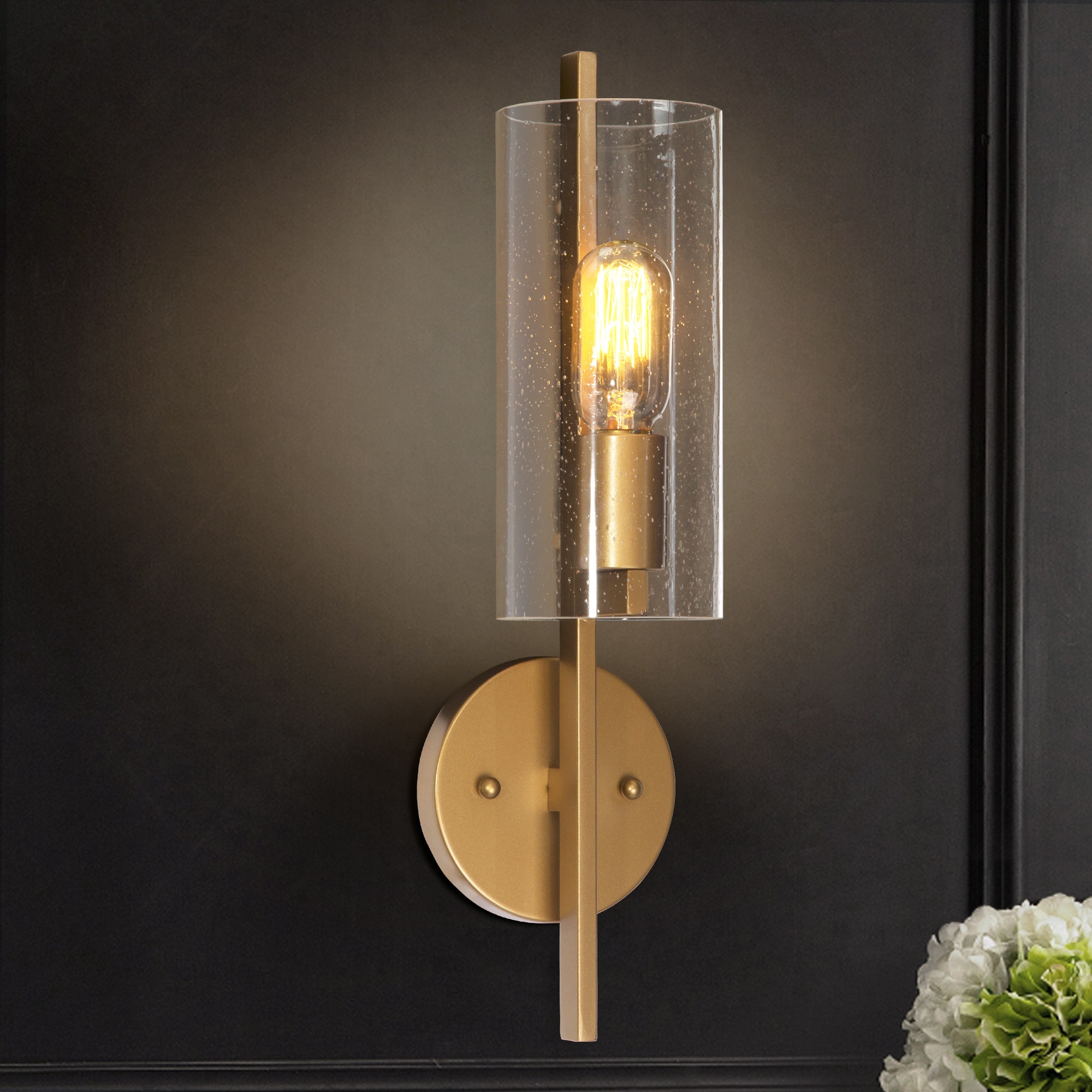 Lnc Darren 5 In W 1 Light Matte Gold And Seeded Glass Modern Contemporary Wall Sconce In The Wall Sconces Department At Lowes Com